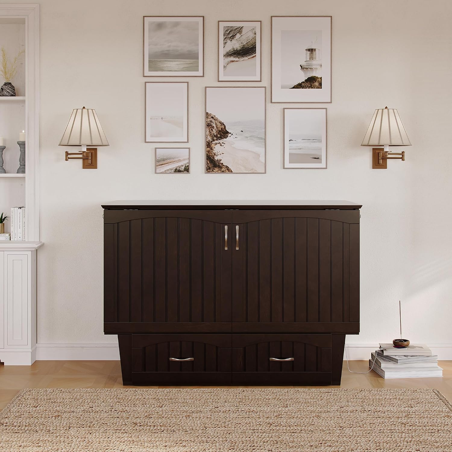 AFI, Nantucket Full Size Murphy Bed Chest with Mattress, Built-in Charging Station and Storage Drawer, Full, Espresso