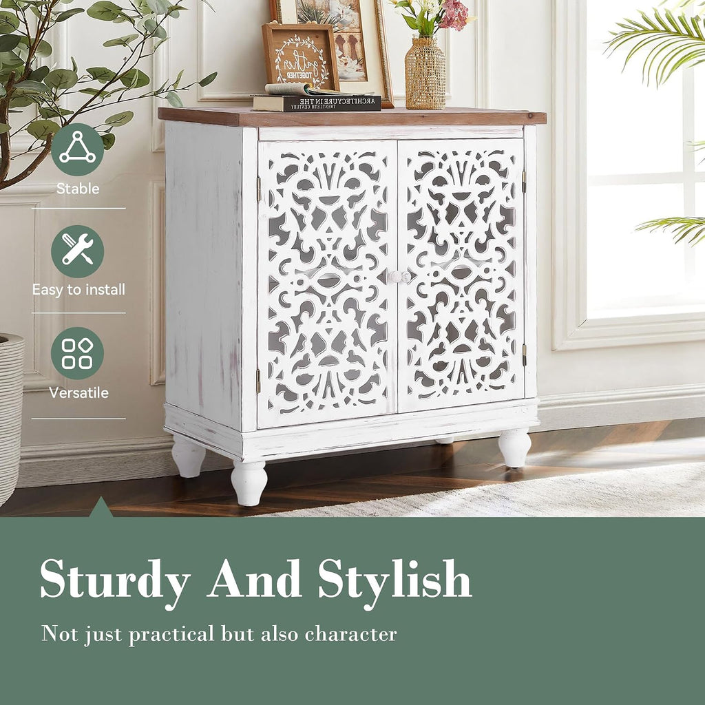 Sophia & William Accent Cabinet with 2 Doors, Distressed Storage Cabinet with Wood Frame and Hollow-Carved Door for Entryway Living Room, White