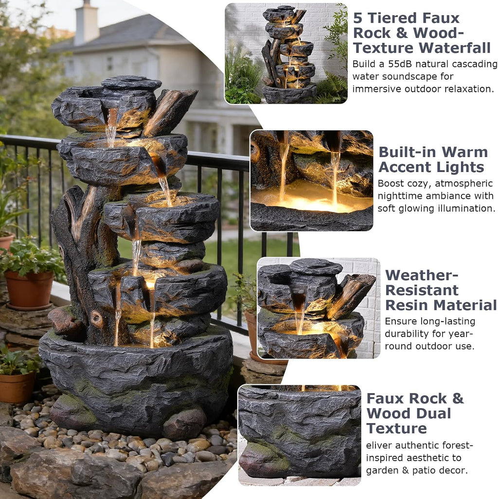 47.2' Tall Outdoor Water Fountain 5-Tier Large Cascading Waterfall Fountain Realistic Rock & Tree Trunk Design with LED Lights, Relaxing Water Flow for Garden, Patio, Backyard & Porch Decor