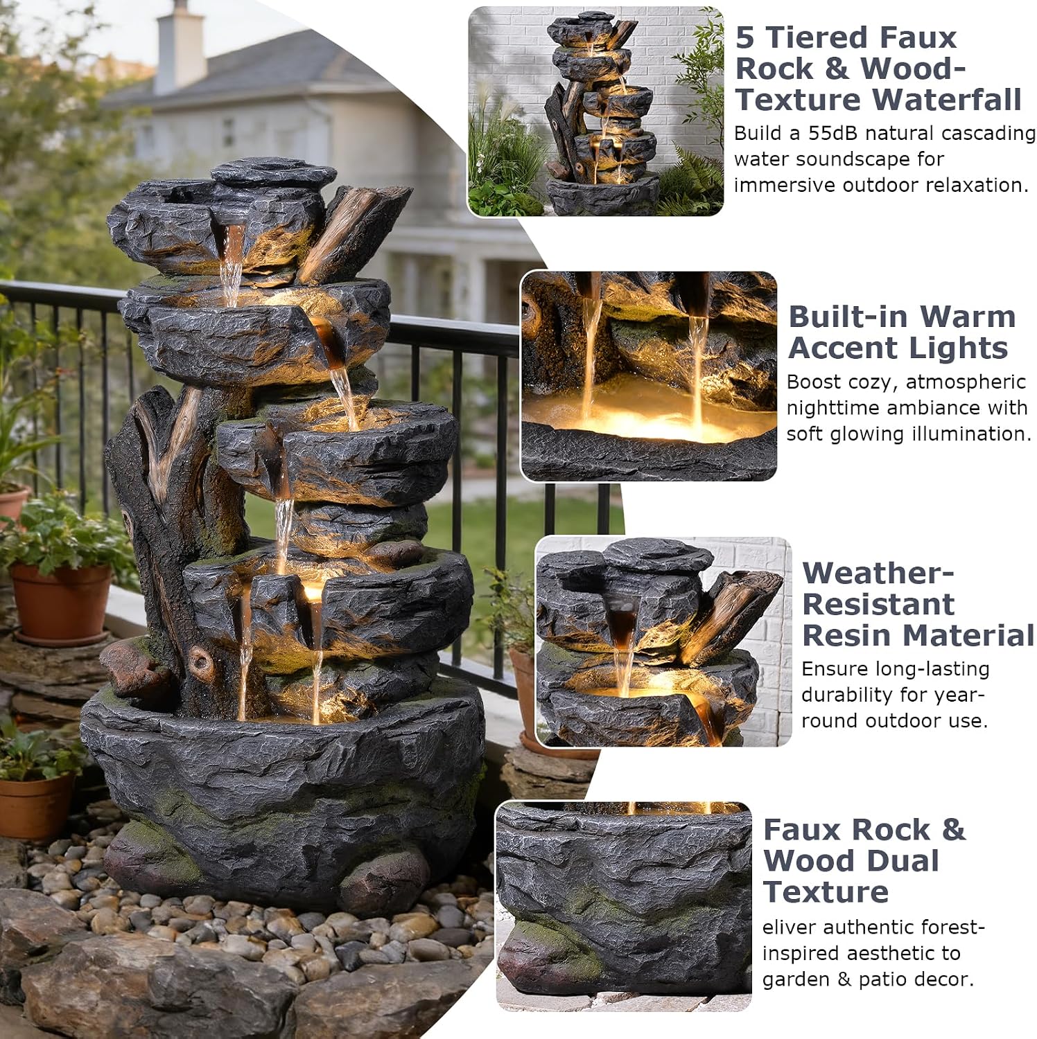 47.2' Tall Outdoor Water Fountain 5-Tier Large Cascading Waterfall Fountain Realistic Rock & Tree Trunk Design with LED Lights, Relaxing Water Flow for Garden, Patio, Backyard & Porch Decor