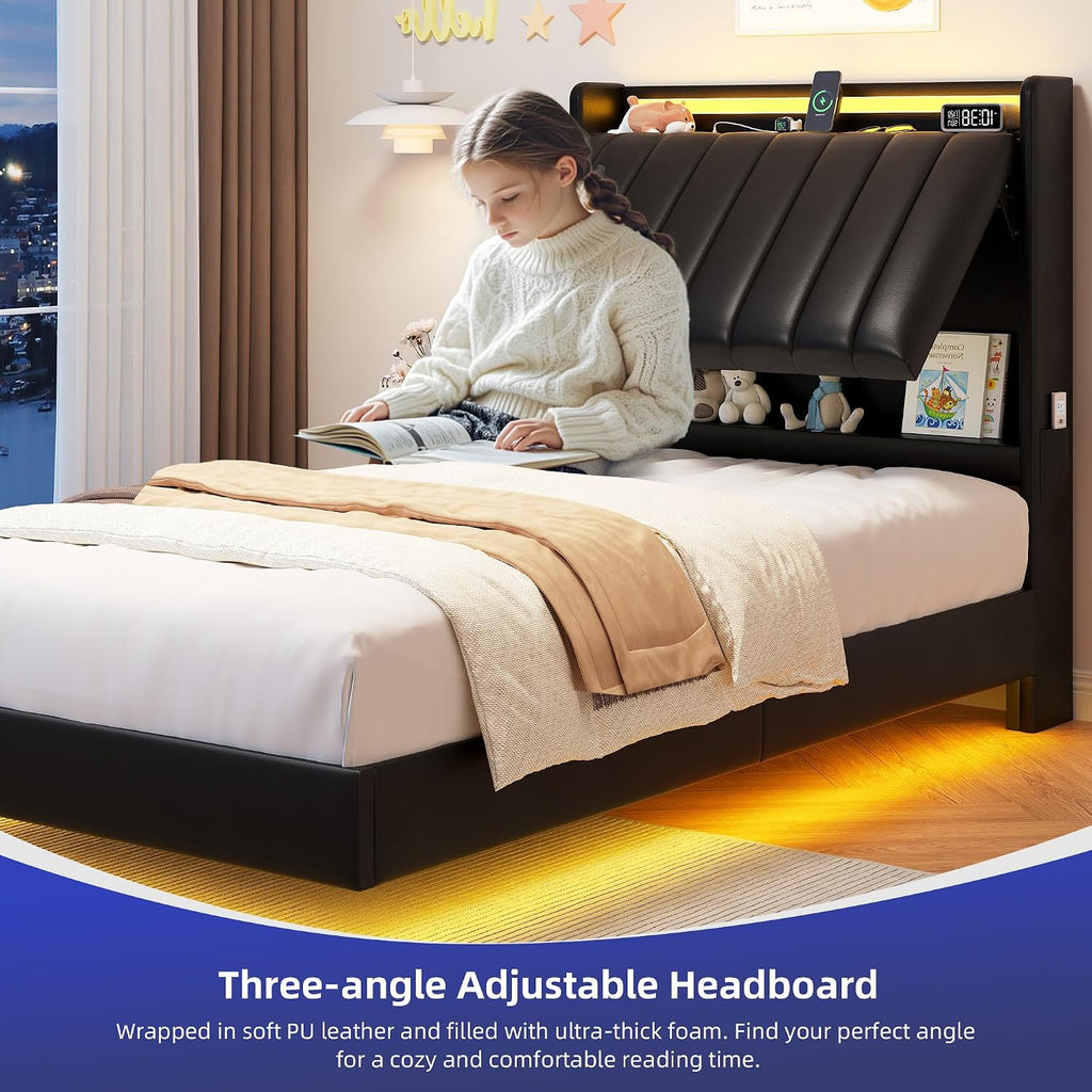 Twin Size Floating Bed Frame with Ergonomic Hidden Storage Headboard and LED Light,Visual Floating Bed Frame with Charing Station,Leather Upholstered Platform Bed for Kids/Boys/Girls,Heavy Duty,Black