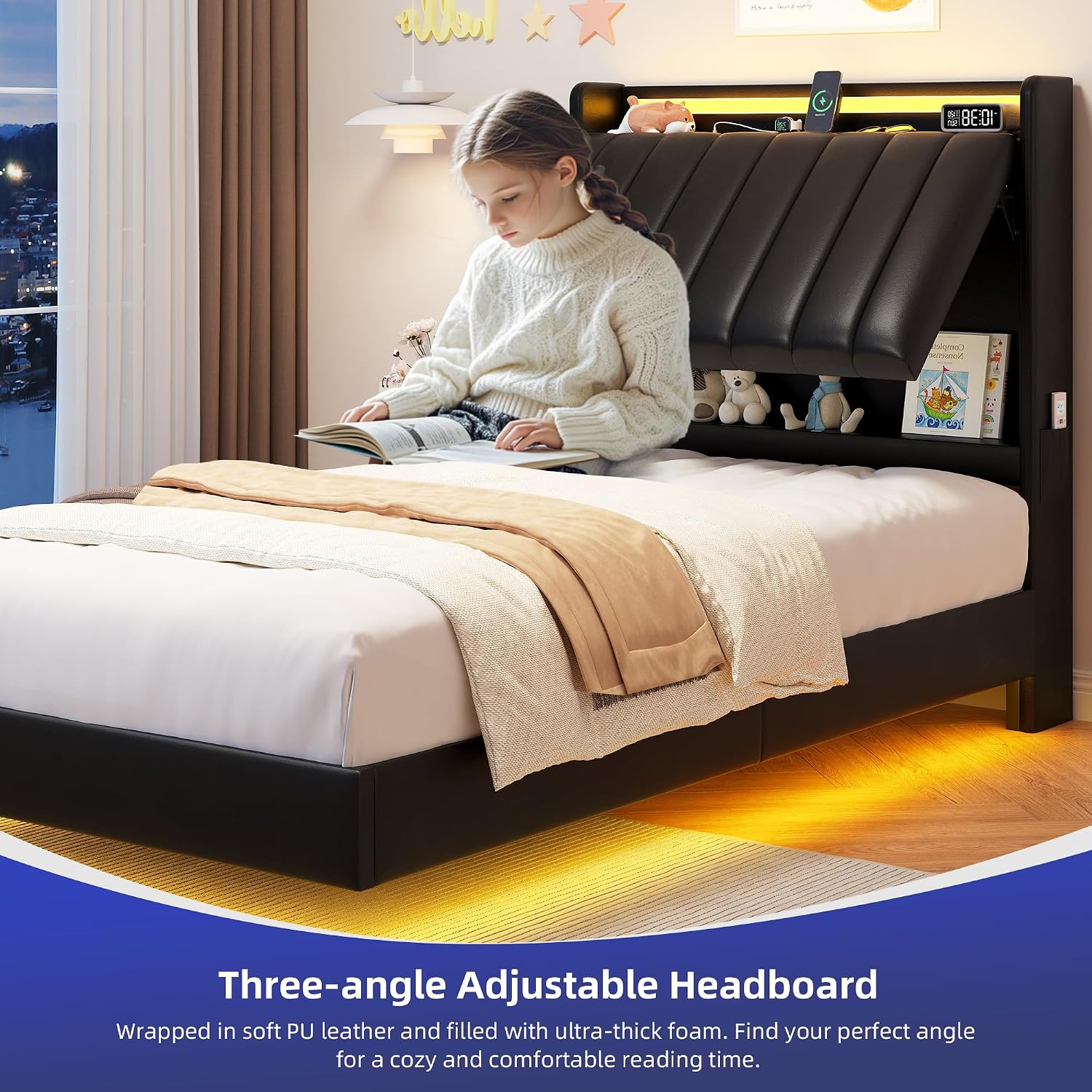 Twin Size Floating Bed Frame with Ergonomic Hidden Storage Headboard and LED Light,Visual Floating Bed Frame with Charing Station,Leather Upholstered Platform Bed for Kids/Boys/Girls,Heavy Duty,Black