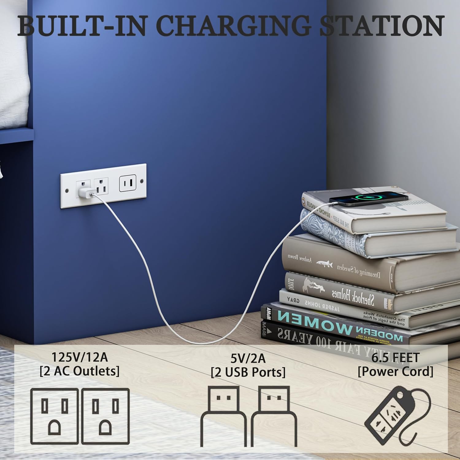 Queen Size Murphy Bed with Charging Station and Large Drawer, Farmhouse Cabinet Bed with Storage, Multifunctional Wood Hidden Folding Bed Frame for Bedroom, Blue