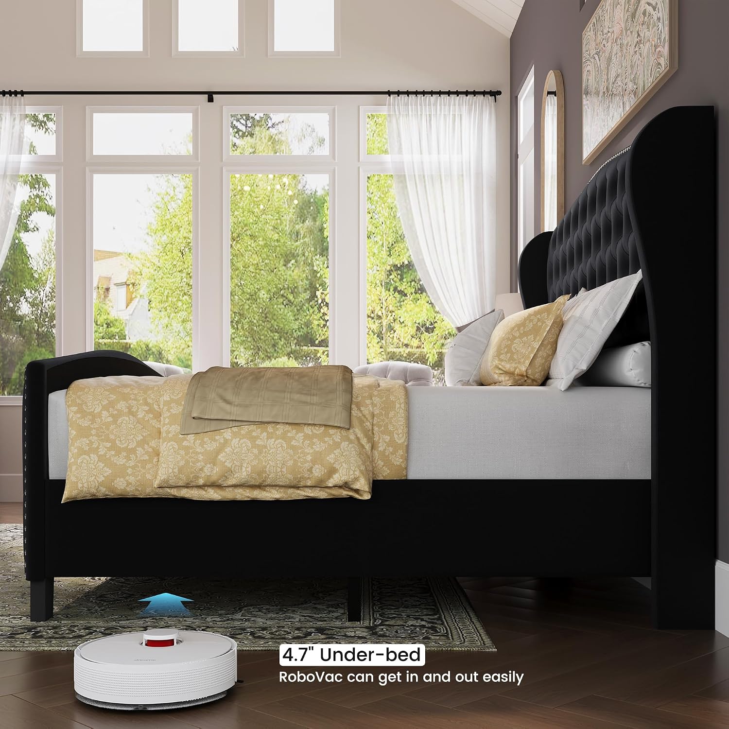 BRELTAM Upholstered Queen Size Bed Frame Velvet Black Tufted Platform Bed Frame with Wingback Headboard & Footboard, with Deep Button Tufted & Nailhead Wooden Slats Support, No Box Spring Needed