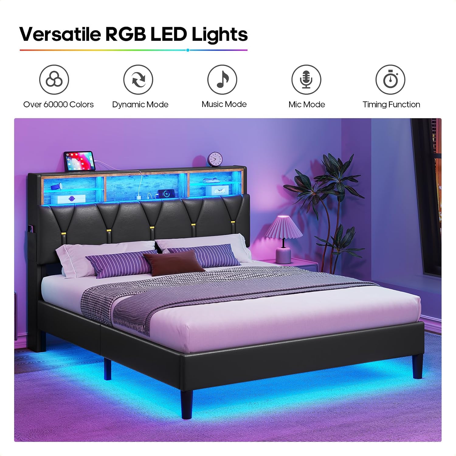 HAUOMS LED Full Bed Frame with Type-C & USB Charging Station, Full Size Bed Frame with Storage Headboard, Modern Pu Leather Platform Bed with Shelf Headboard, Easy Assembly, Noise-Free, Black