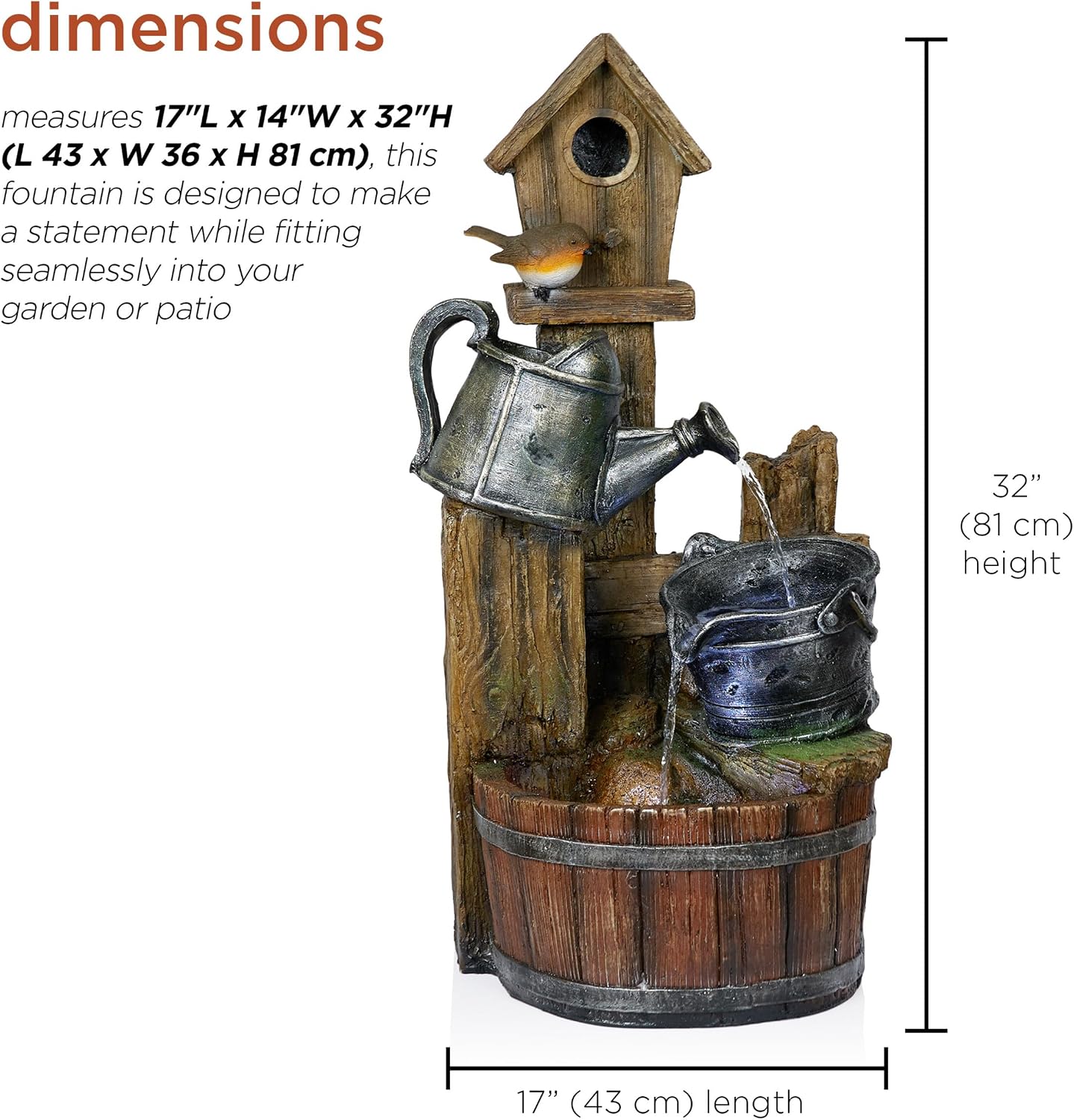 Alpine Corporation TZL280 Watering Can Barrel Birdhouse Fountain w/White LED Lights, Stylish Décor for Garden & Patio, 32' H