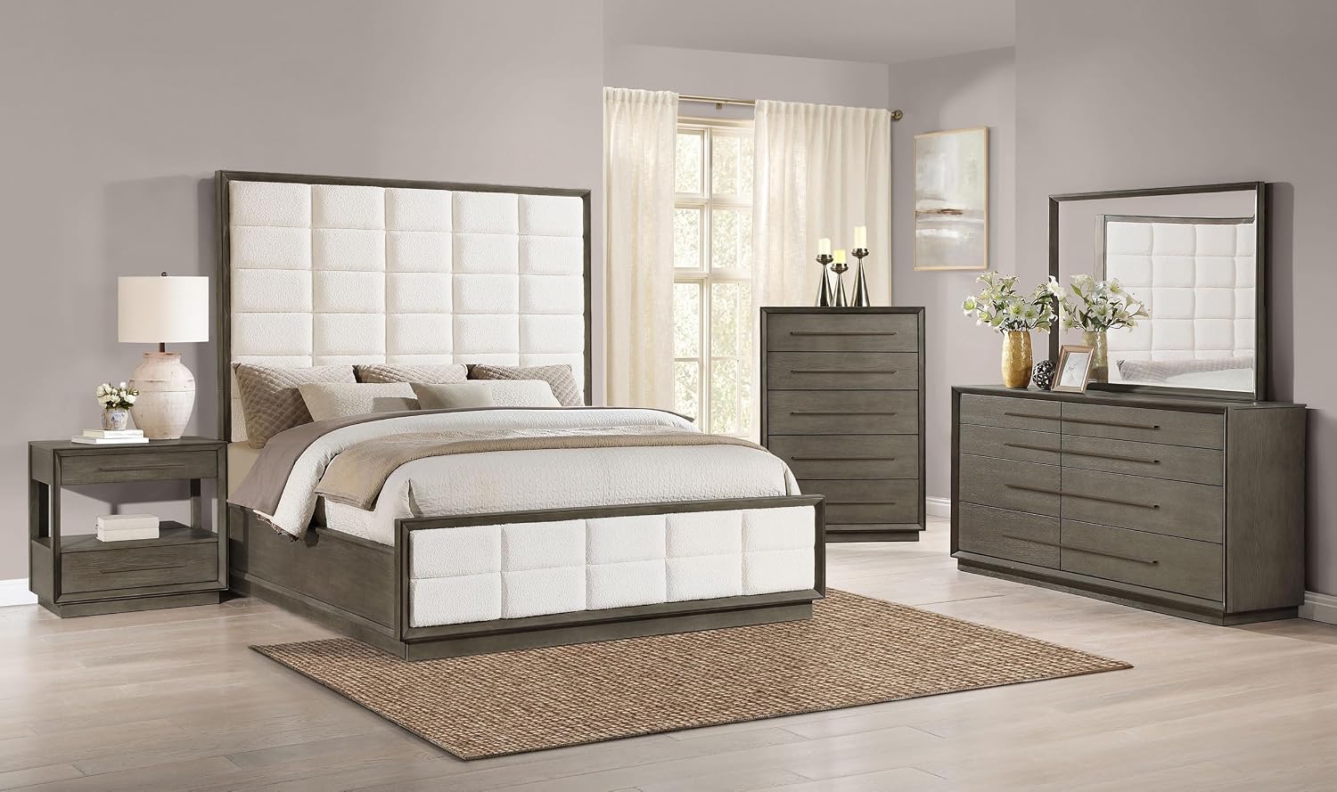 Coaster Home Furnishings Durango Transitional 5-Piece Bedroom Set Boucle Upholstered Queen Size Panel Bed Frame 77-inch Headboard Washed Oak 223271Q-S5