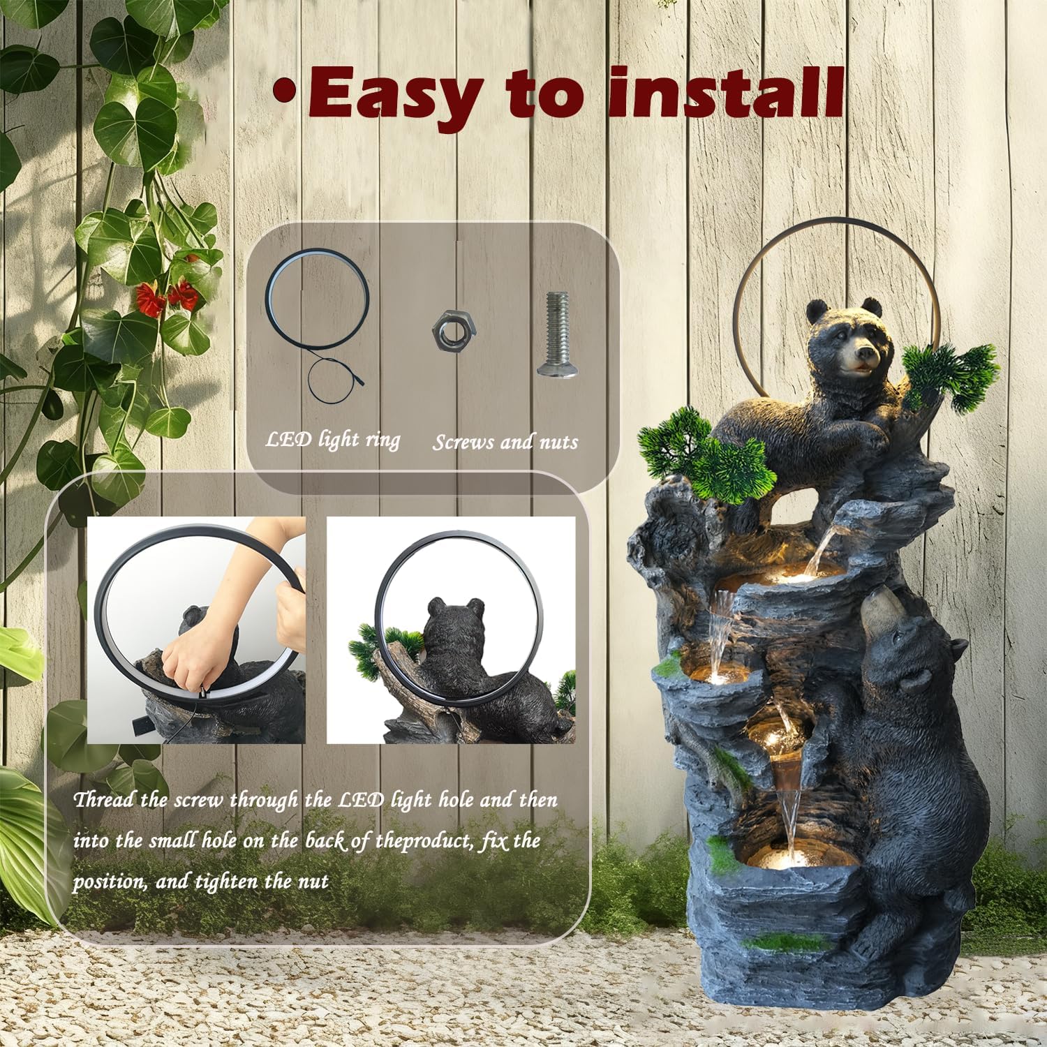 39.3' H Bear Outdoor Fountain with LED Lights and Five Tiered Waterfall Water Features,Suitable for Courtyard,Gardenand Indoor Decoration