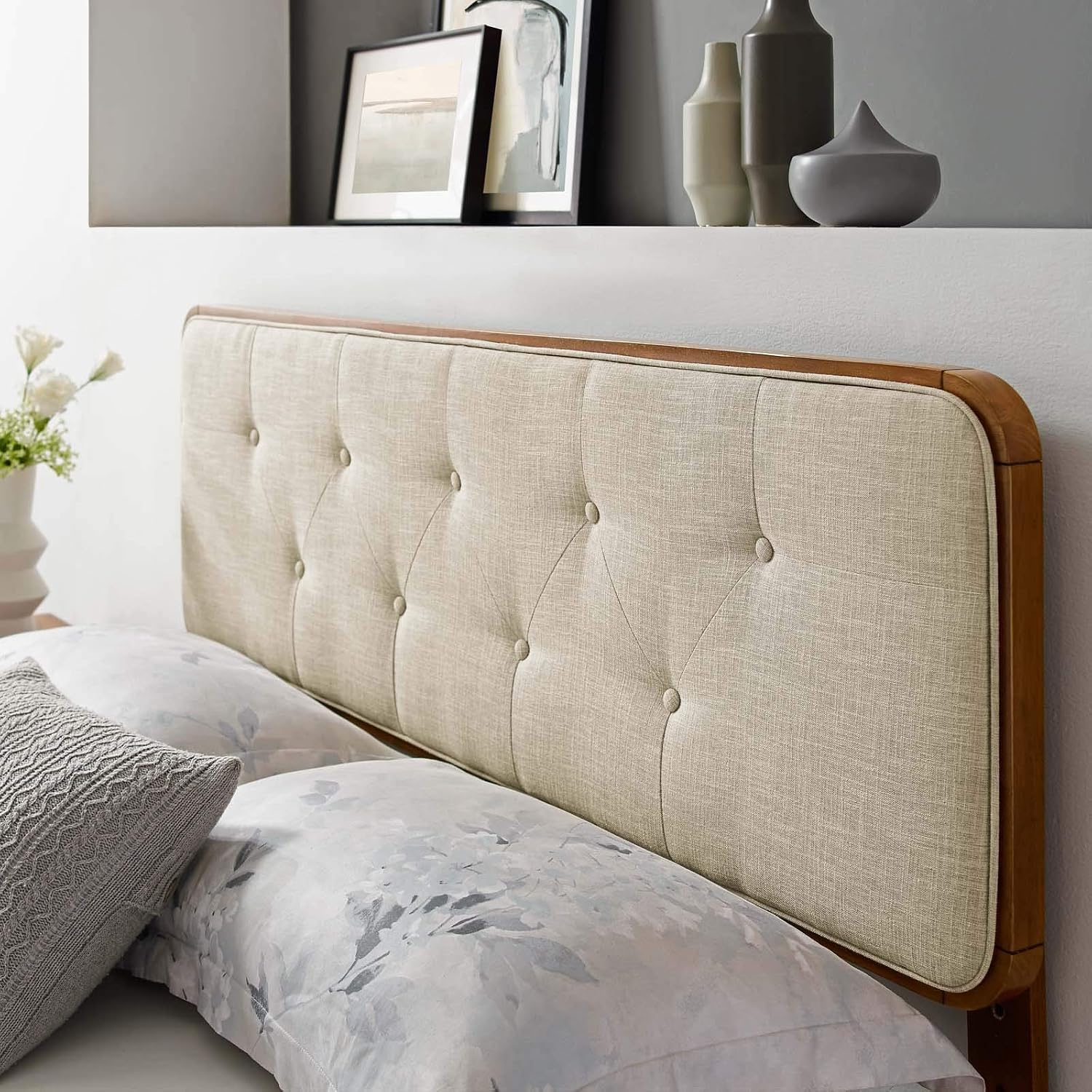 Modway MOD-6234-WAL-BEI Collins Tufted Queen Fabric and Wood Headboard, Walnut Beige