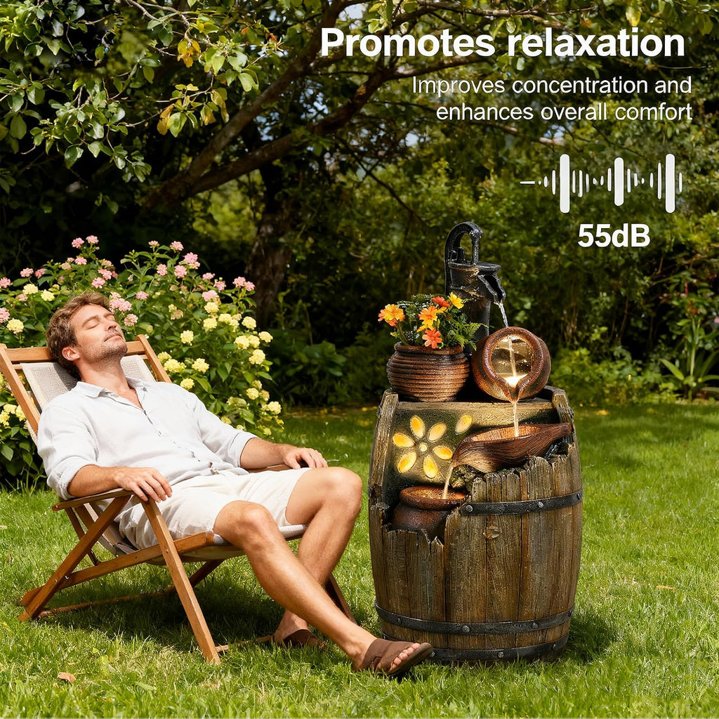 Water Fountain Outdoor 29' H Outside Floor 3 Tiered Rustic Barrel with Light, Pump for Garden, Patio, Deck, Porch, Backyard Home Decor