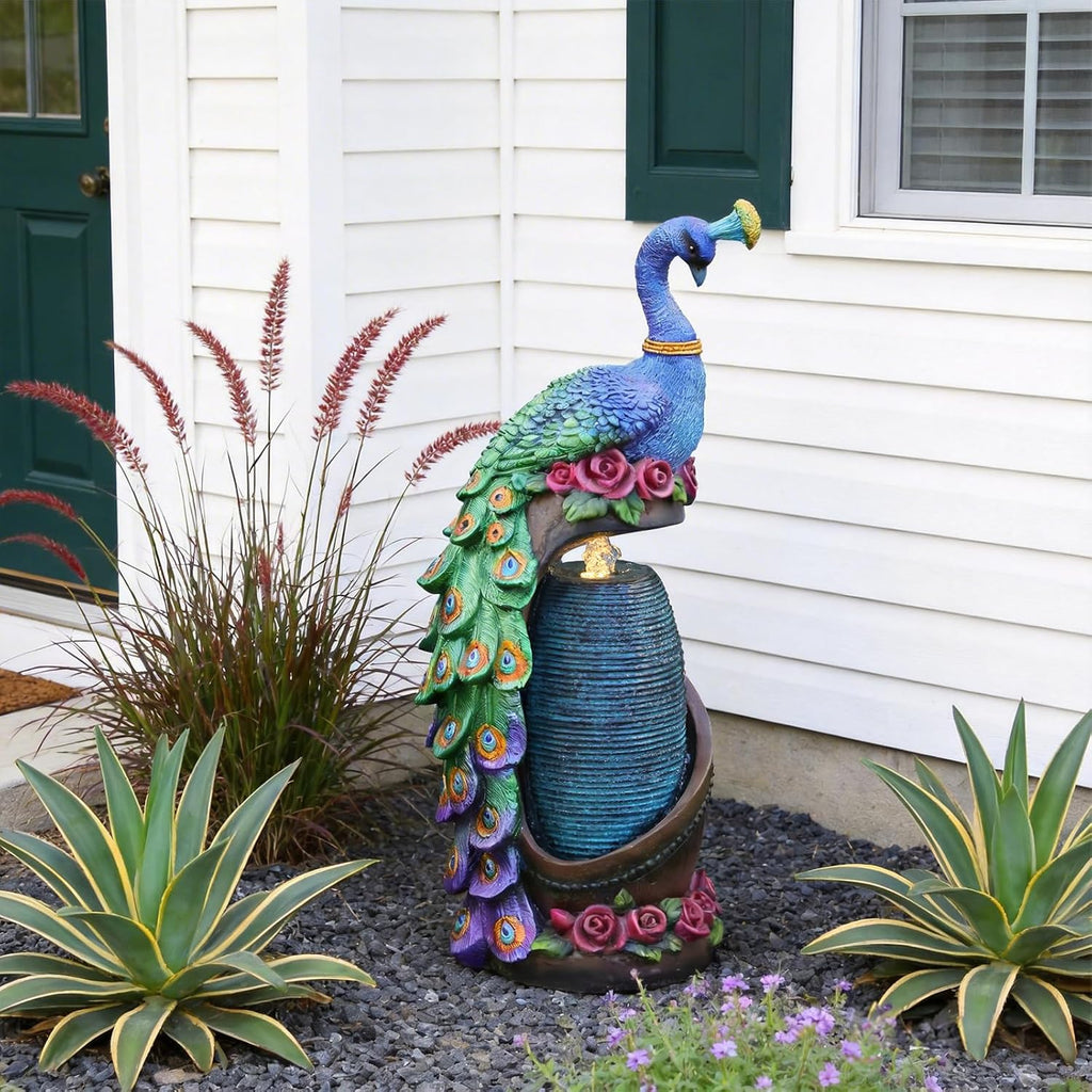 Tankana 32' Peacock Sculpture Waterfall Fountain Indoor with LED Lights, Artistic Colorful Bird Sculpture Waterfall for Living Room, Entryway & Home Office Decor