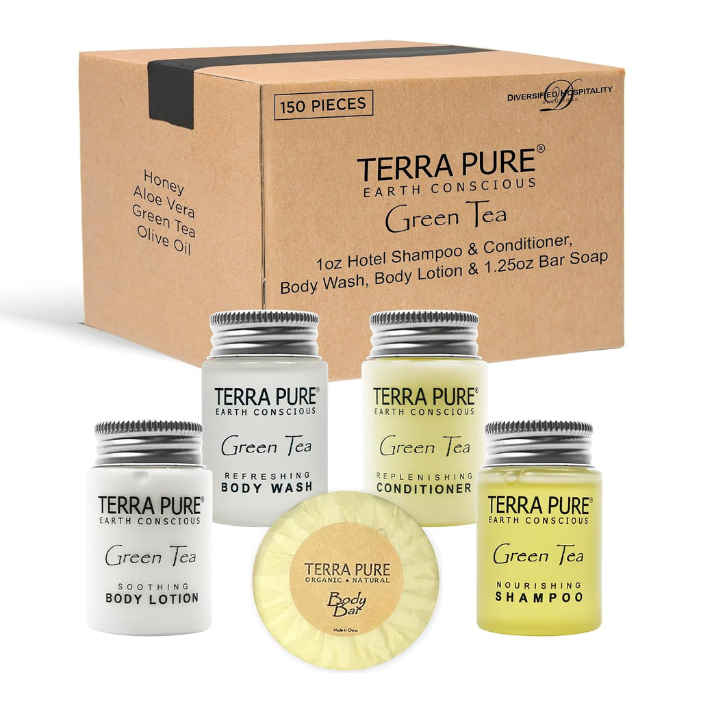 Terra Pure White Tea and Coconut | 150 pcs 1oz Shampoo and Conditioner, Body Wash, Lotion, 1.25oz Bar Soap and 100 pcs Cleansing Bar Soap