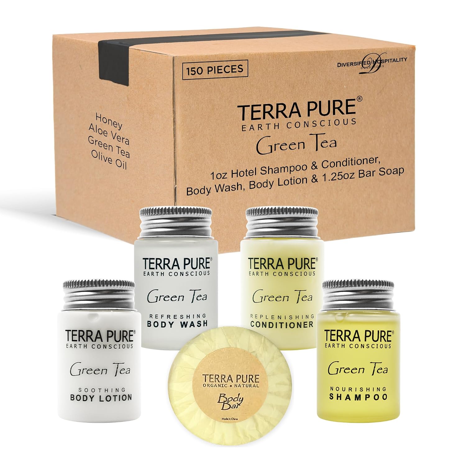 Terra Pure White Tea and Coconut | 150 pcs 1oz Shampoo and Conditioner, Body Wash, Lotion, 1.25oz Bar Soap and 100 pcs Cleansing Bar Soap