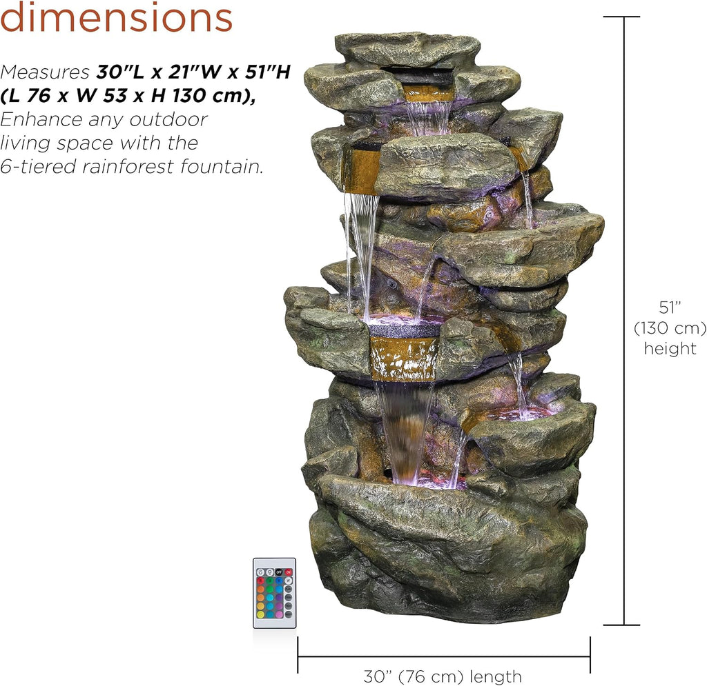 Alpine Corporation 51' Tall 6-Tier Outdoor Rainforest Waterfall Floor Fountain, Weather-Resistant Design with Color-Changing LED Lights & Remote Control, Gray
