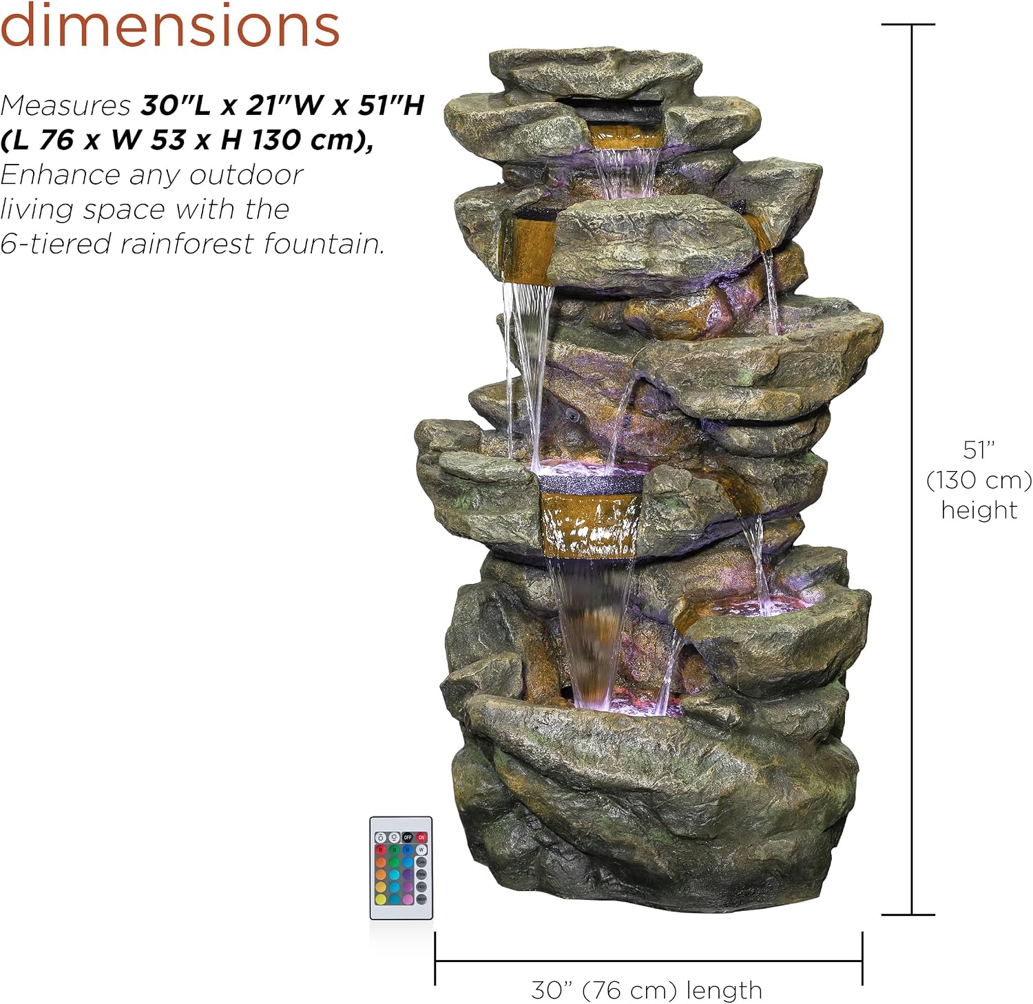 Alpine Corporation 51' Tall 6-Tier Outdoor Rainforest Waterfall Floor Fountain, Weather-Resistant Design with Color-Changing LED Lights & Remote Control, Gray
