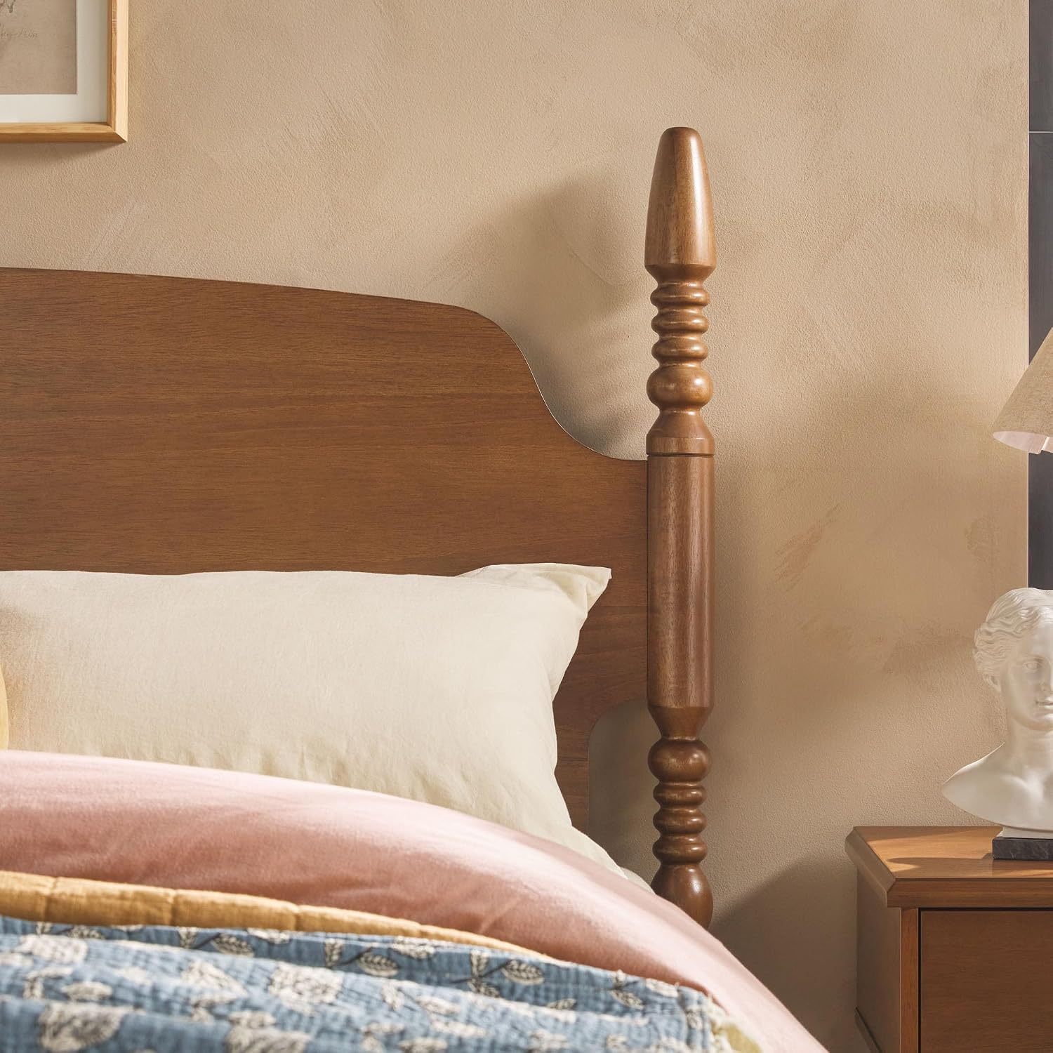 Walker Edison EZ Assembly™ Traditional Wood Spindle Post Bed, Modern Farmhouse Bed Frame Queen Bed Frame with Headboard, No Box Spring Required, Queen Size, Dark Brown