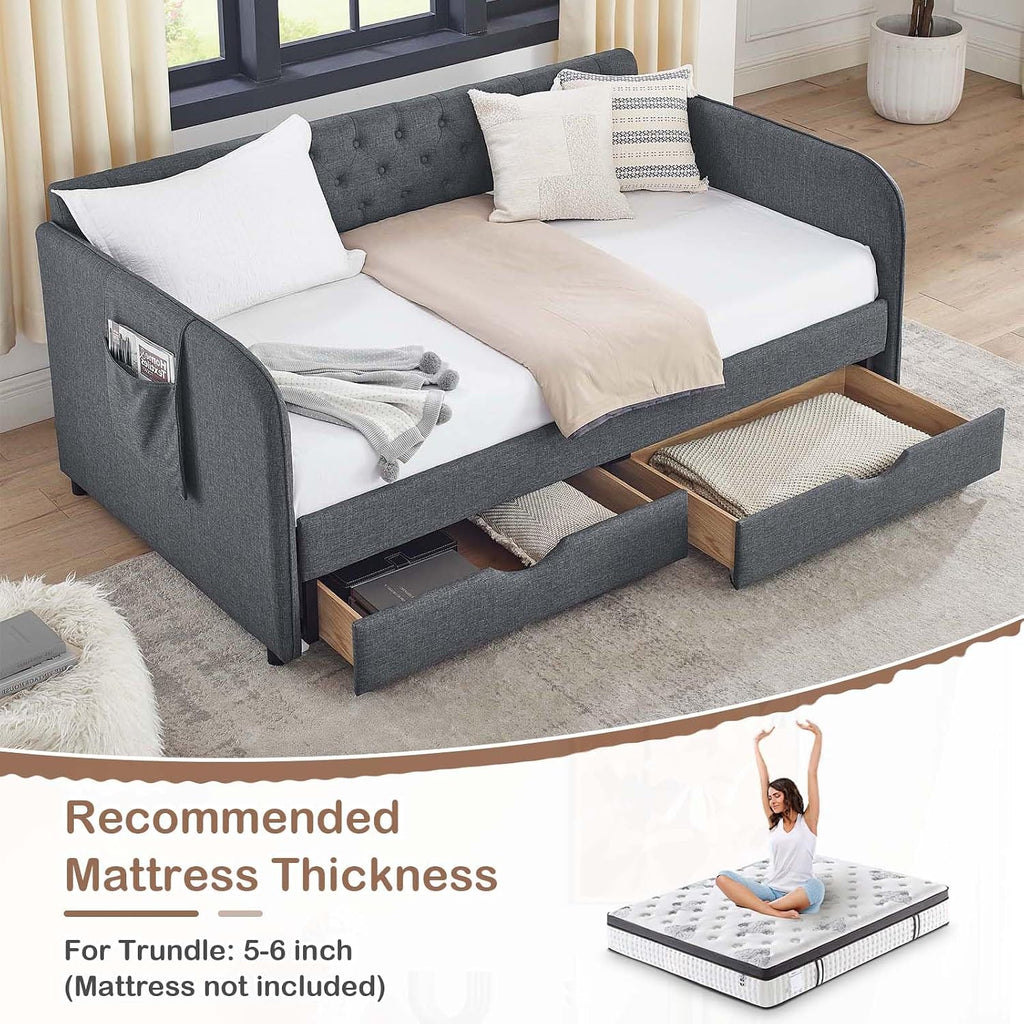 Antetek 80.5' Daybed with Drawer, Modern Button Tufted Linen Day Bed with Trundle Bed Twin to King, Upholstered Daybed Frame w/Storage Pocket for Bedroom, Living Room, No Box Spring Needed, Dark Grey