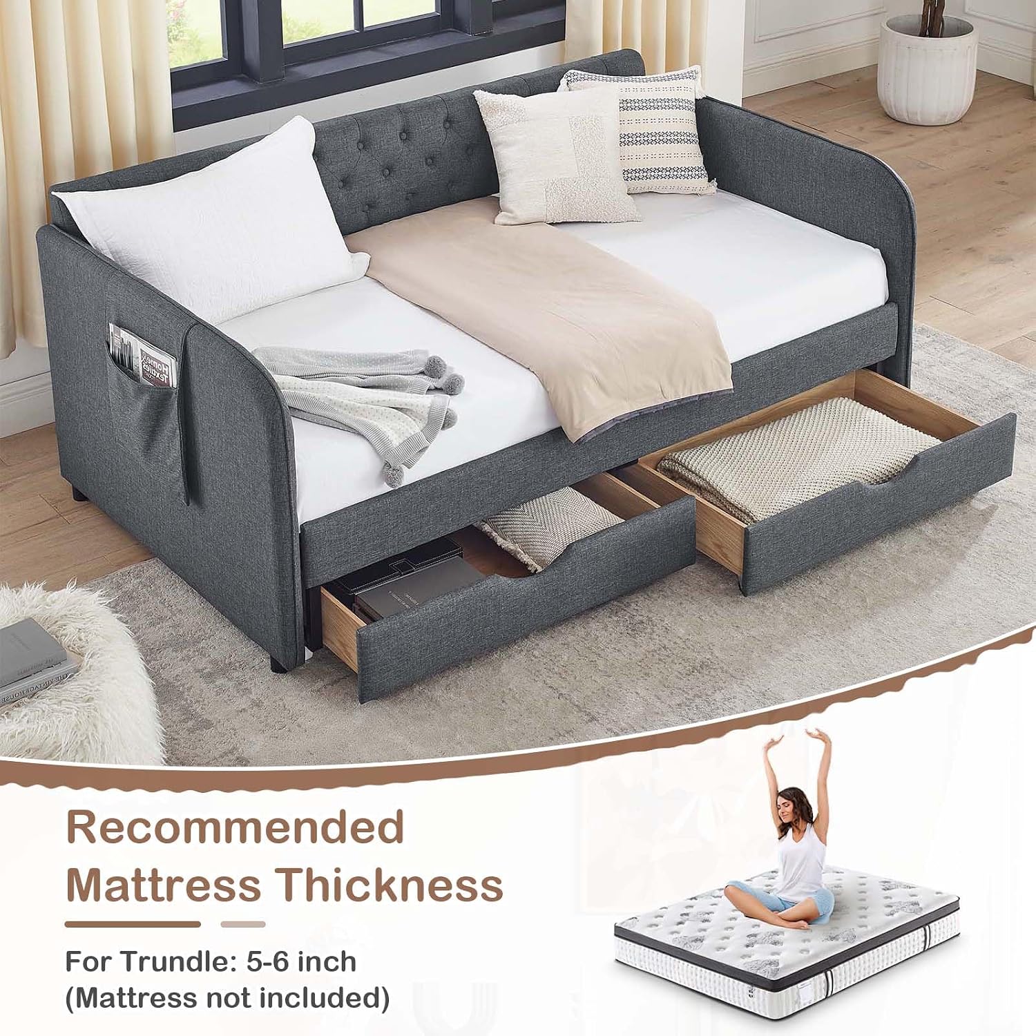 Antetek 80.5' Daybed with Drawer, Modern Button Tufted Linen Day Bed with Trundle Bed Twin to King, Upholstered Daybed Frame w/Storage Pocket for Bedroom, Living Room, No Box Spring Needed, Dark Grey