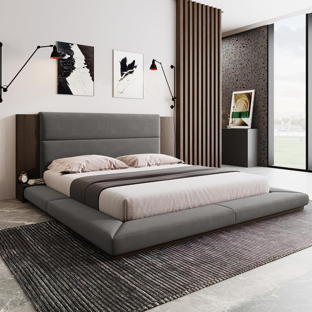 King Size Floor Upholstered Platform Bed with Extended Wood Headboard and Side Storage Shelves, Modern Velvet Platform Bed Frame with Slats Support, No Box Spring Required, Noise-Free