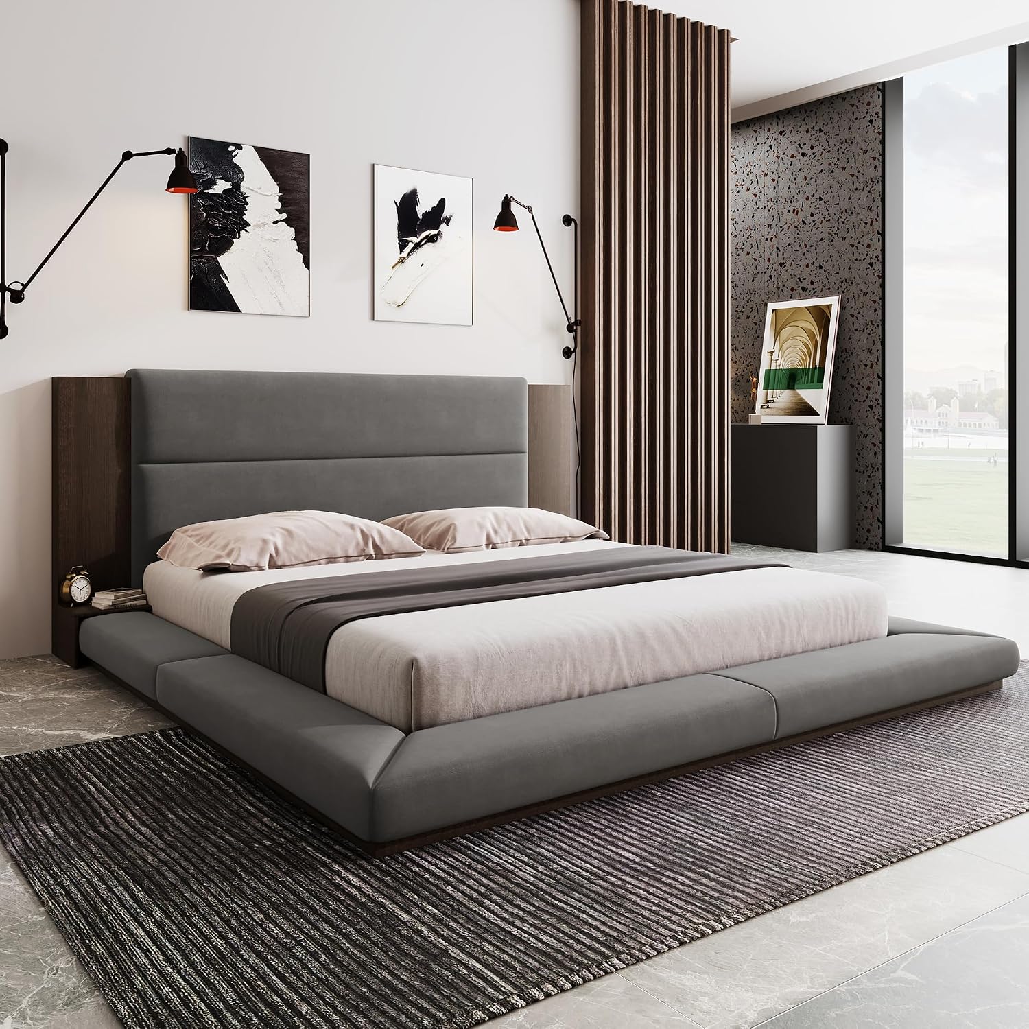 King Size Floor Upholstered Platform Bed with Extended Wood Headboard and Side Storage Shelves, Modern Velvet Platform Bed Frame with Slats Support, No Box Spring Required, Noise-Free