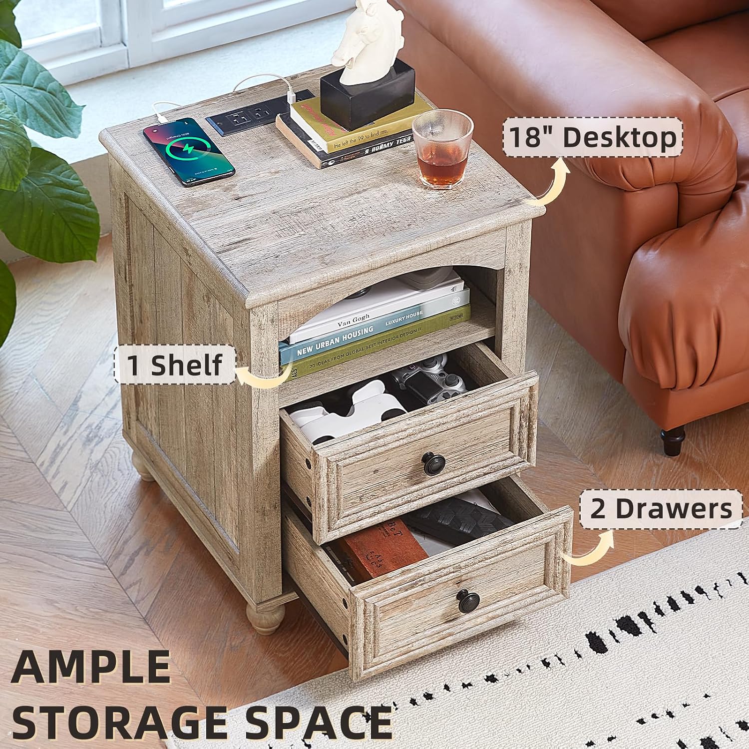 Farmhouse Dressers & Night Stand Set of 3, Wood 54' Wide 6 Drawer Dresser & 35.5'Tall Chest of Drawers, 18' with Charging Station Nightstand, Bedroom Furniture Dresser Set for Home Living Room Hallway