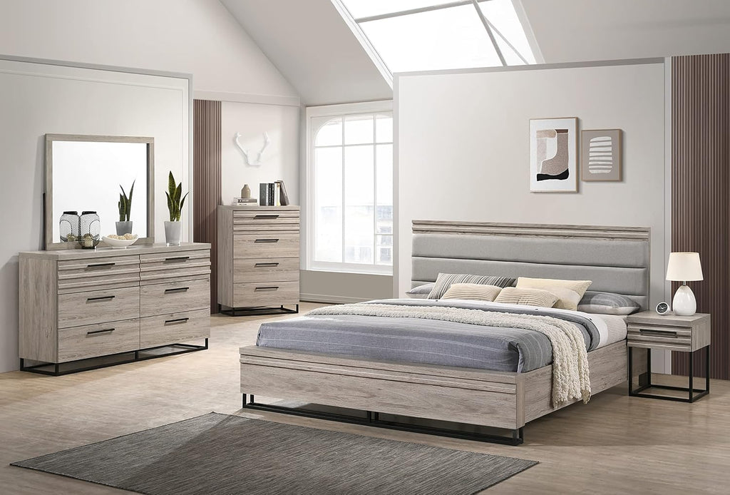 Roundhill Furniture Alvear Upholstered Wood Panel Bed, Dresser, Mirror, Nightstand, and Chest, King, Weathered Gray