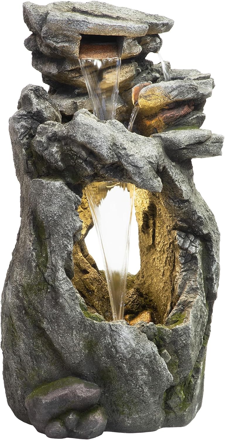 Alpine Corporation 41' Tall Outdoor Cascading Rainforest Rock Waterfall Floor Fountain with LED for Gardens, Patios, and Yards, Brown