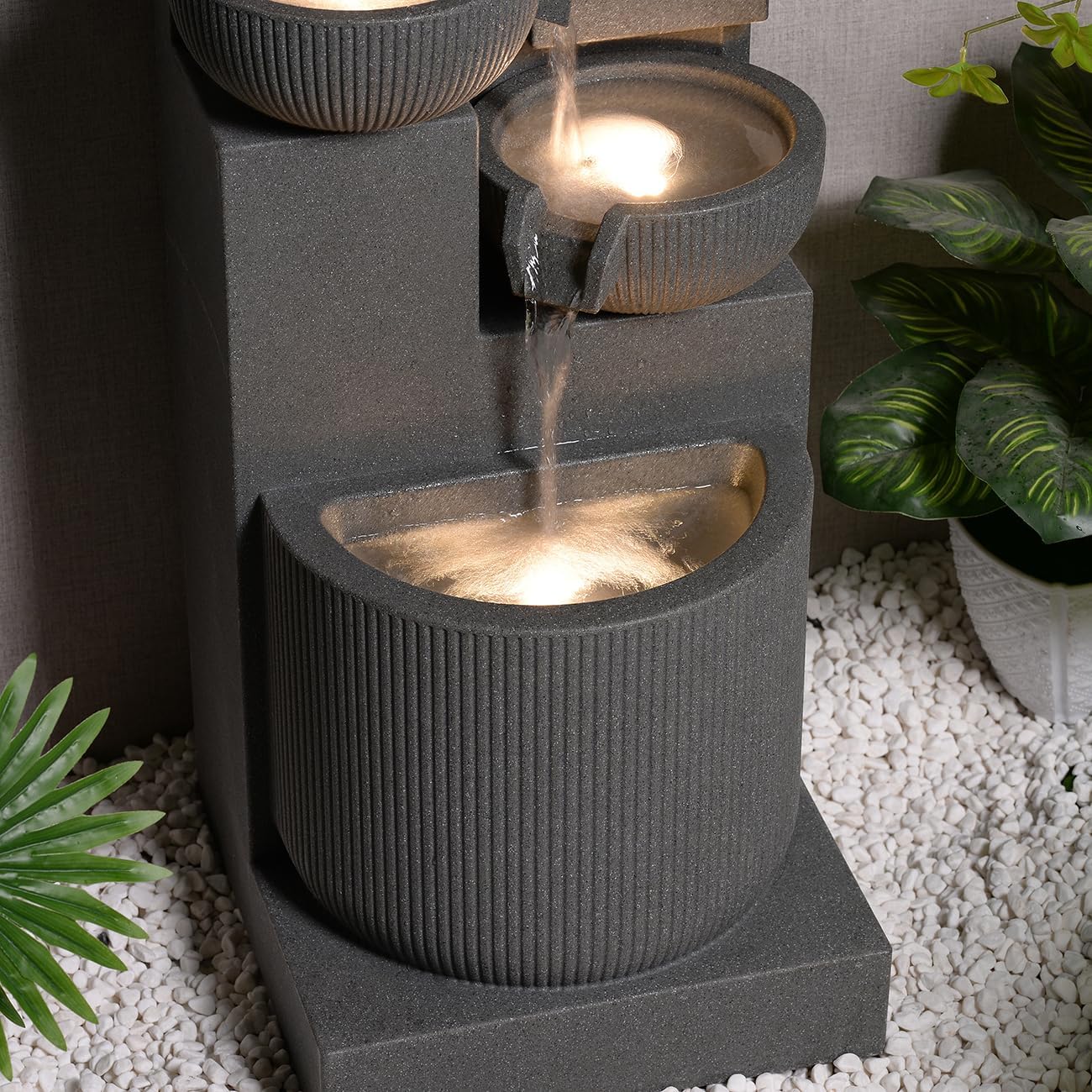 39.76' H 5-Tiers Cascading Bowls Outdoor Water Fountain Made with Eco-Friendly Recyclable Materials, Polyethylene Waterfall Fountain, Outdoor Decor with LED Lights for Patio, Backyard (39.76')