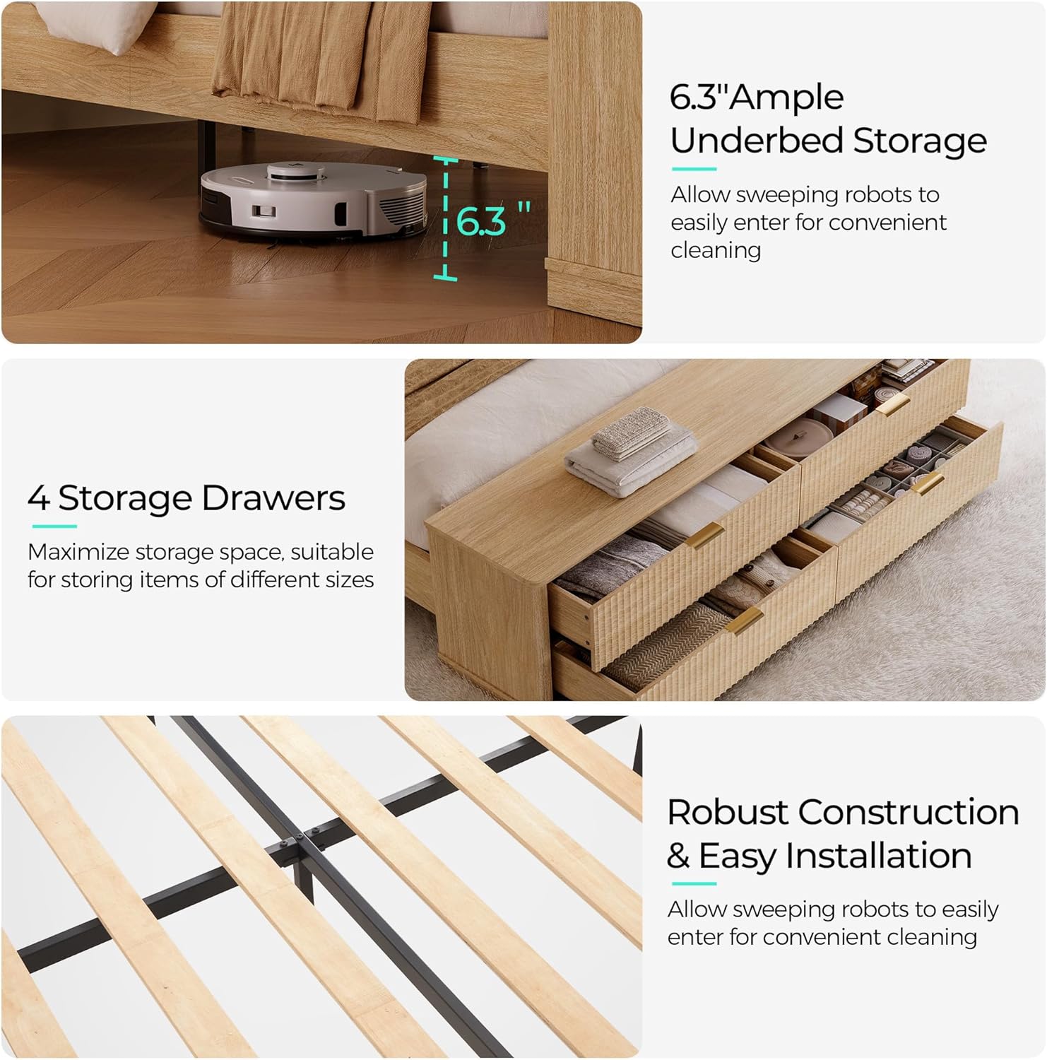 LINSY Storage Bed Frame Queen Bedframe with Drawers, Tall Bed Frame Queen-Size with Headboard and Footboard Bench, Fluted Boho Bed Frames Wooden Platform Beds with Storage, No Box Spring, Light Wood