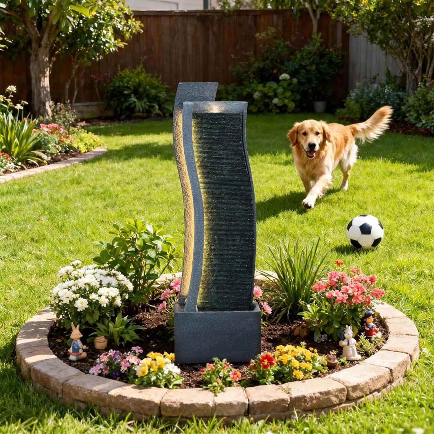 Sunlinua 43H Modern Outdoor Water Fountain with LED Light Garden Cascading Curved Waterfall Feature for Indoor or Outdoor Relaxing Garden Patio Backyard Deck Porch or Home Décor