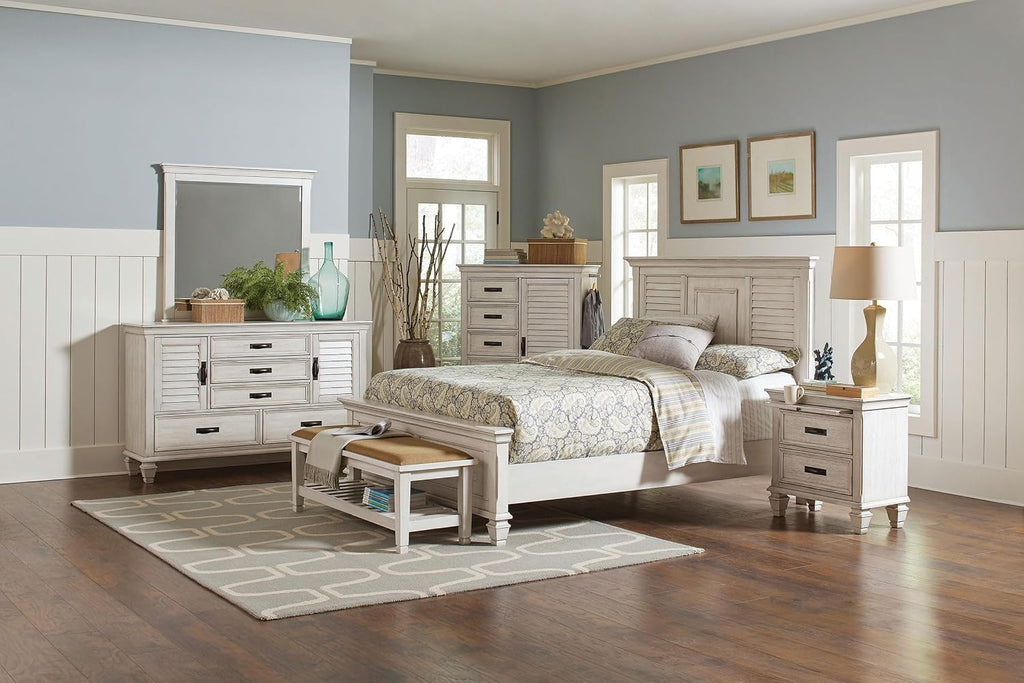 Coaster Home Furnishings Franco Farmhouse 5-Piece Bedroom Set Eastern King Size Panel Bed Frame 57-inch Headboard Distressed White 205331KE-S5