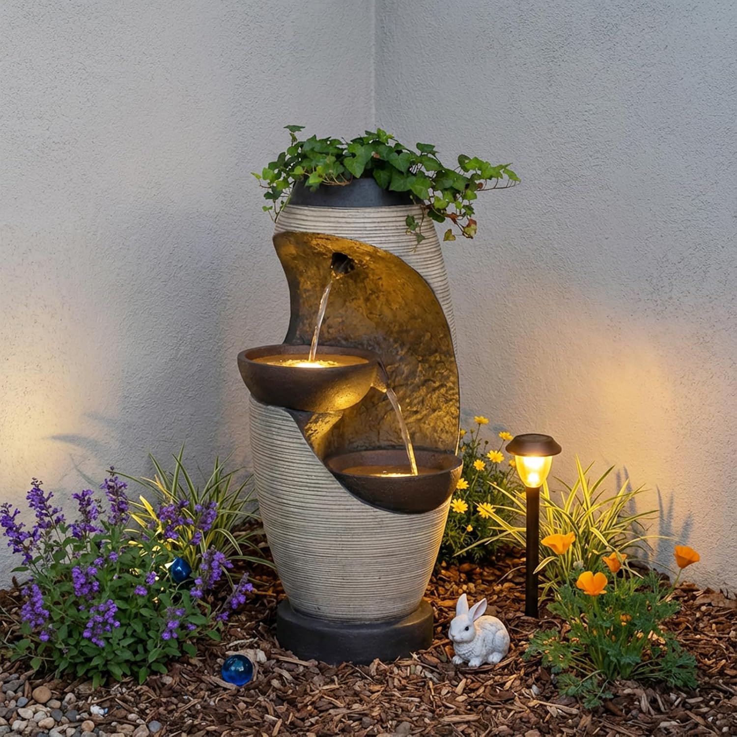 Bumilgar 2-Tier Bowl Water Fountain with LED Lights, 27.95' Tall Freestanding Outdoor & Indoor Garden Waterfall Fountain for Yard, Patio, Backyard, Floor Standing Home Decor