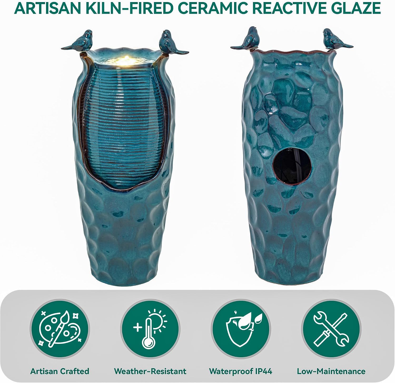 32.5' H Ceramic Jar Outdoor Fountain, Honeycomb Pot Water Feature with LED Lights, Soothing Trickling Waterfall for Garden, Patio, Yard, Balcony Oasis, KD Vivid Birds, Turquoise Glaze