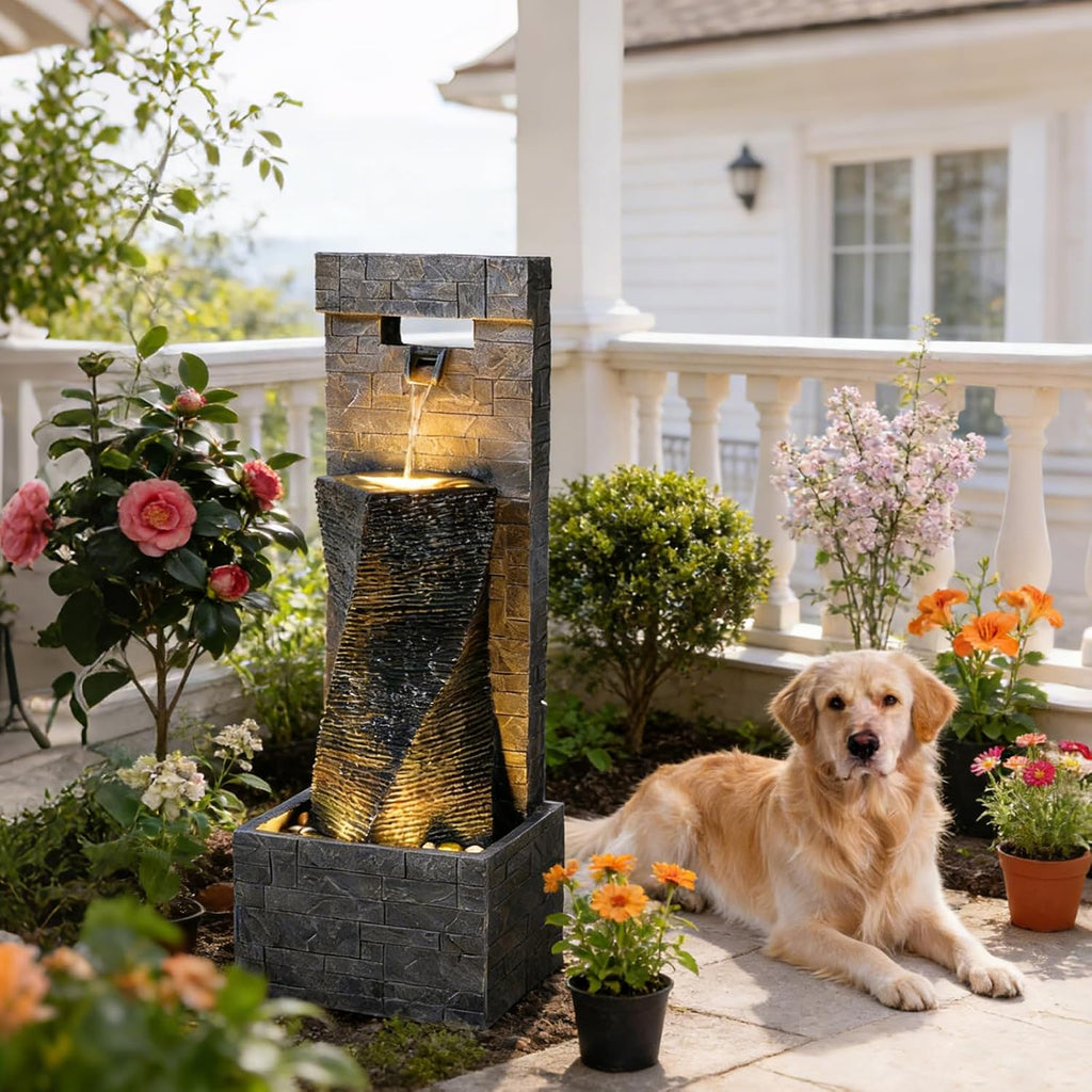 39.8'' Tall Modern Spiral Waterfall Fountain Outdoor/Indoor Water Fountain Resin Stone-Like Water Feature with LED Lights for Outside, Garden, Patio, Porch, Deck, Backyard, Home Decor