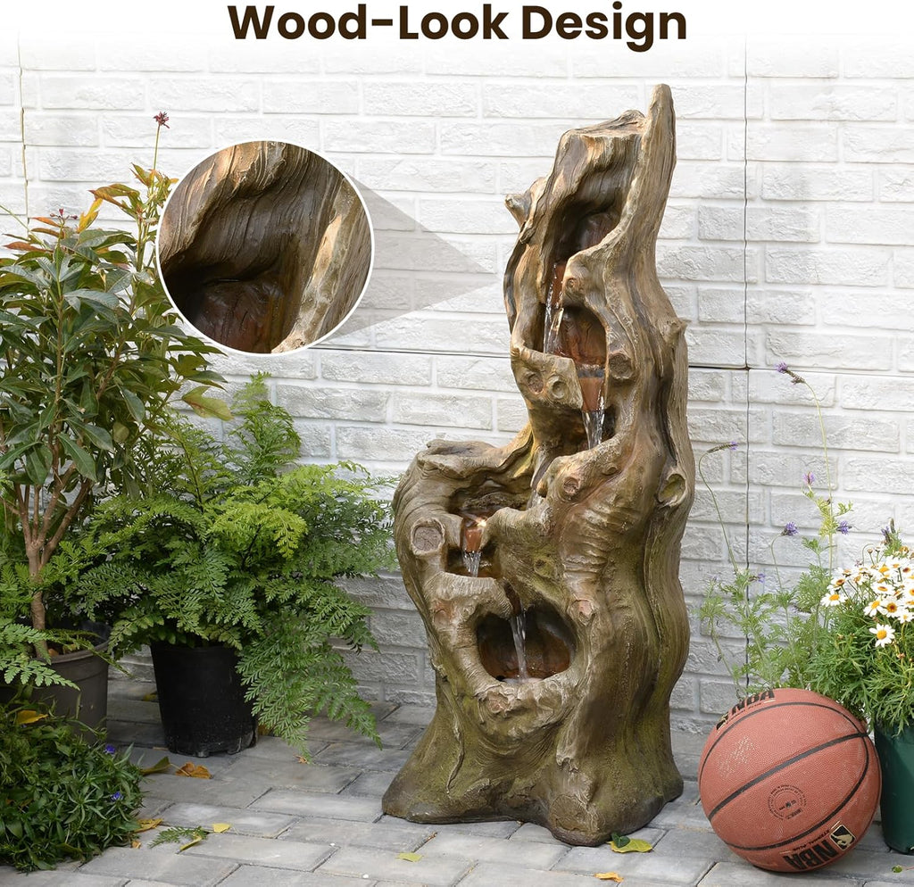Sunlinua Water Fountain Outdoor 5-Tiers Large Cascading Realistic Tree Trunk Natural Waterfall Outdoor Fountains Resin Imitation Wood with LED Lights for Garden, Patio, Porch