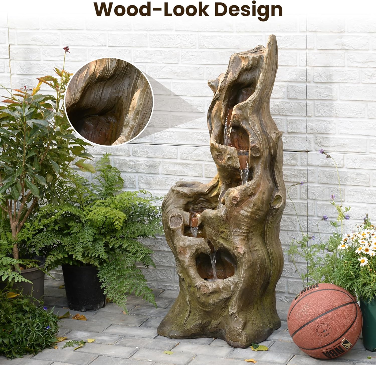 Sunlinua Water Fountain Outdoor 5-Tiers Large Cascading Realistic Tree Trunk Natural Waterfall Outdoor Fountains Resin Imitation Wood with LED Lights for Garden, Patio, Porch