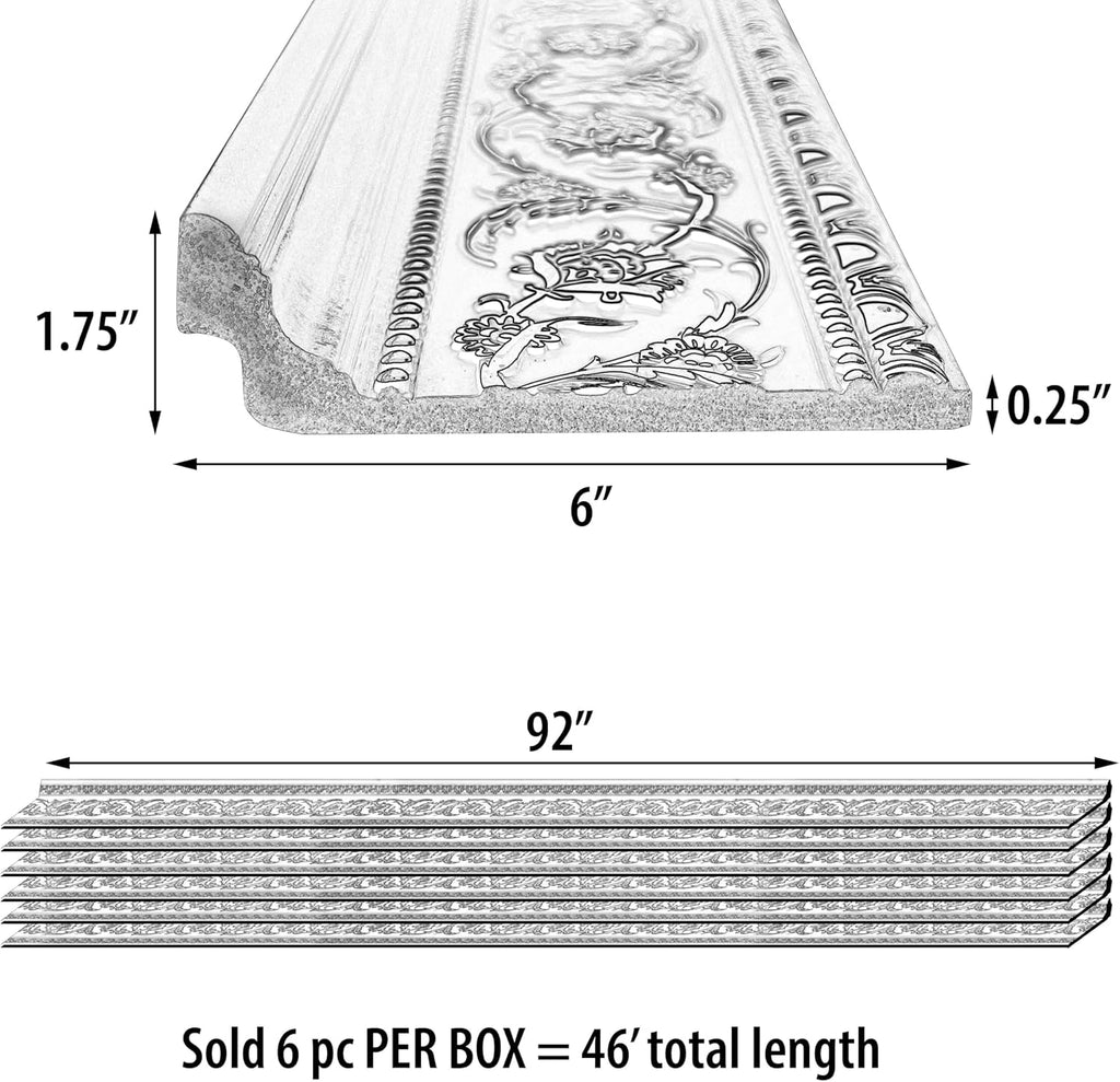 6-Piece Crown Molding Crown Decor Set, Molding Trim for Walls, 92 Inches, Grey and Silver