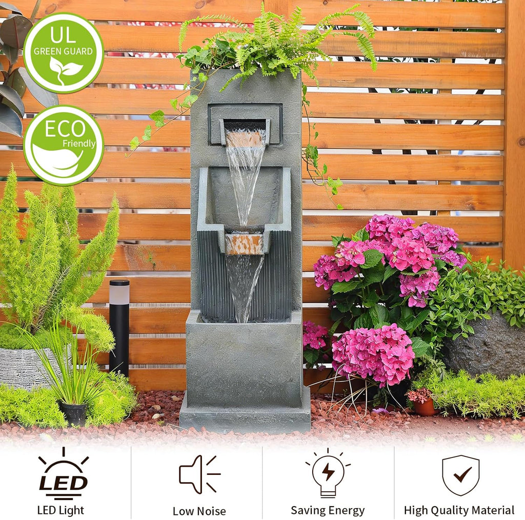 Sunlinua 35H Modern Outdoor Water Fountain with 3-Tiers Cascading Waterfall Feature for Indoor or Outdoor Cascading Waterfall for Relaxing Garden Patio Backyard Deck Porch or Home Décor