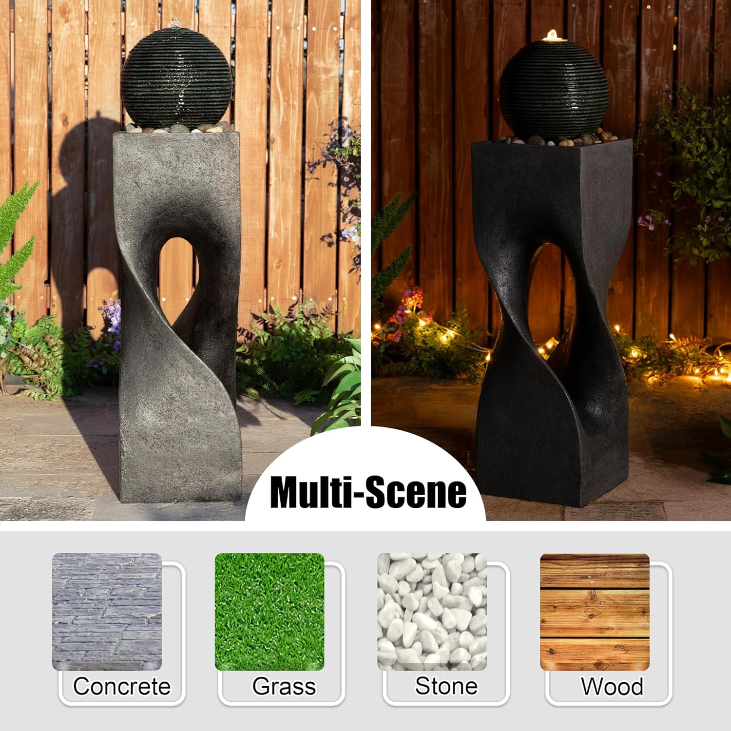 Glitzhome Outdoor Water Fountain, Outdoor Fountain with Lights, 36.5' H Modern Geometric Pedestal and Sphere Polyresin Outdoor Floor Standing Fountain with Pebbles, Pump for Garden, Patio, Backyard