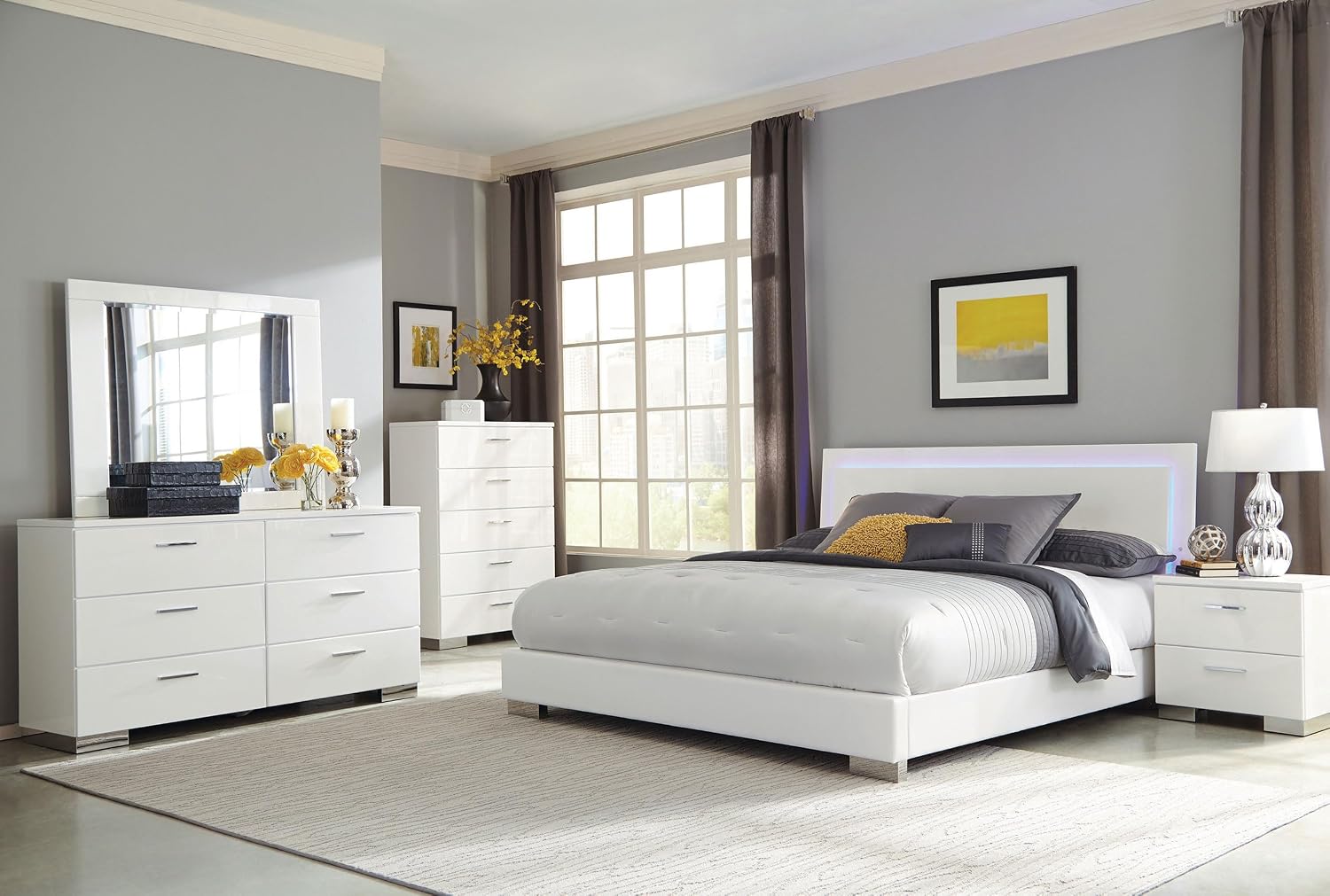 Coaster Home Furnishings Felicity Contemporary 5-Piece Bedroom Set Queen Size LED Panel Bed Frame 49-inch Headboard White High Gloss 203500Q-S5