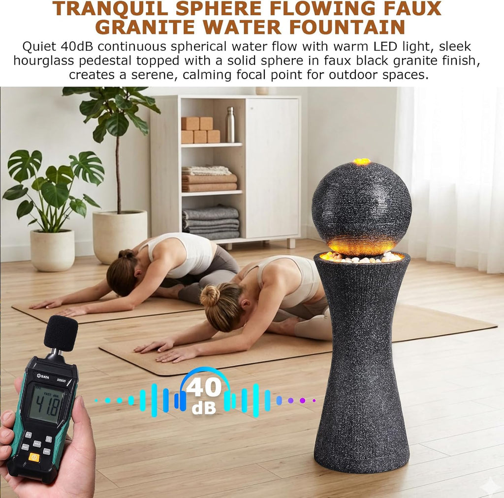 41.73' Tall Sphere Outdoor Water Fountain with LED Light, Modern Black Polyresin Sphere Floor Fountain Outdoor Water Feature with Curved Pedestal for Garden, Patio, Backyard, Porch and Home Art Decor