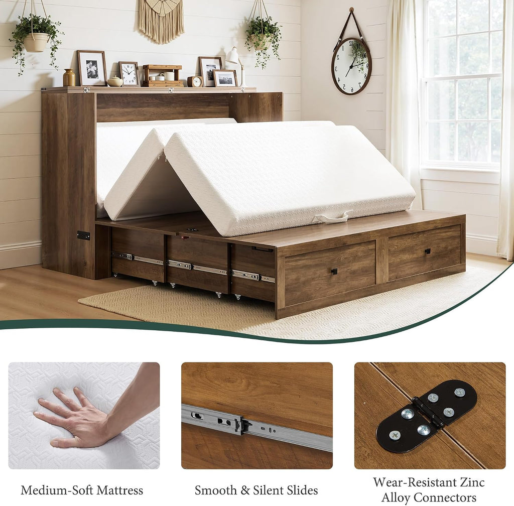 LUXOAK Full Murphy Bed with 6' White Tri-Fold Memory Foam Mattress, Storage Drawer & Charging Station, Space-Saving Design for Home Office or Guest Room, Barnwood