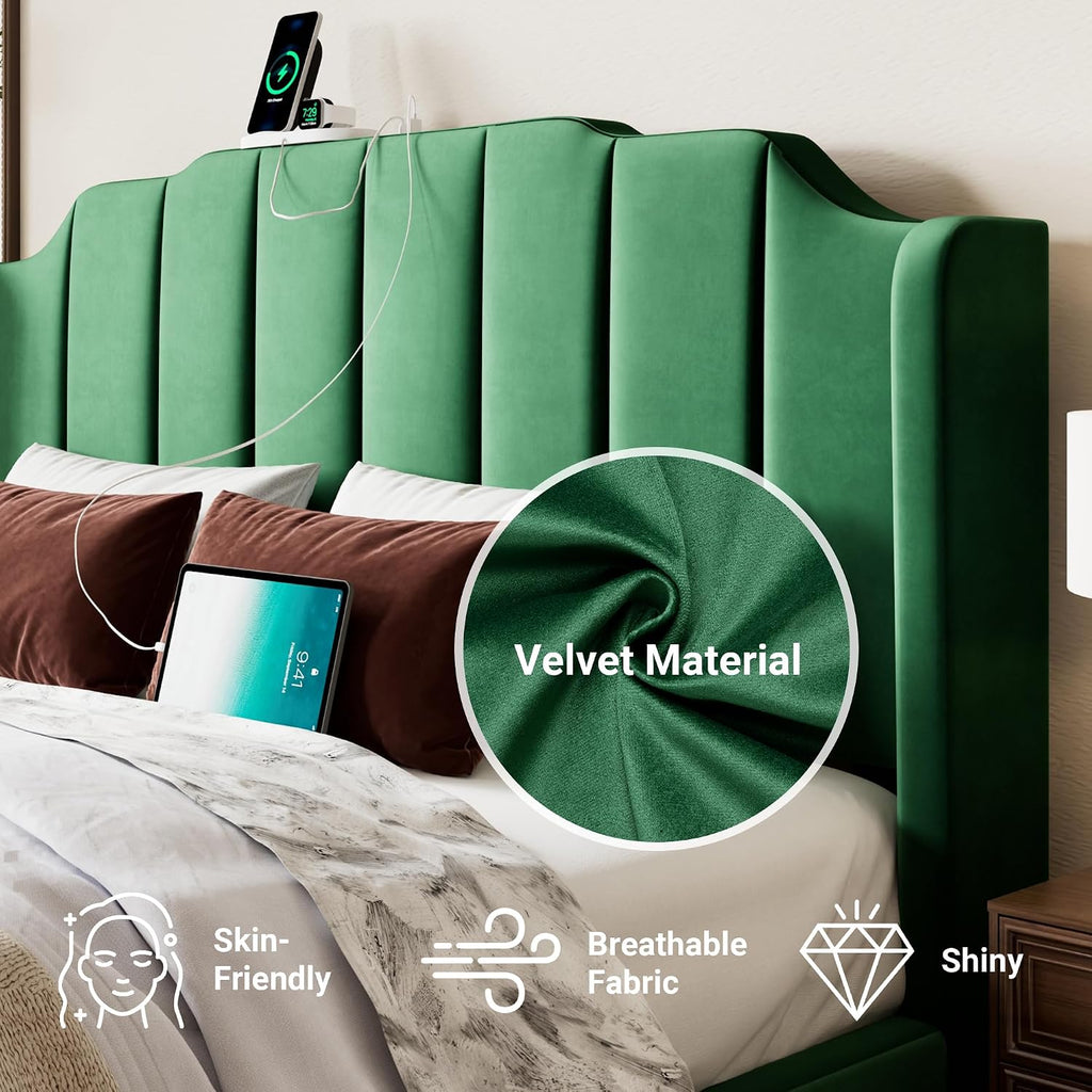 Allewie Vintage Queen Size Velvet Platform Bed Frame with Curved Vertical Tufted Wingback Headboard and Footboard, Charging Station, Easy Assembly, Under Bed Storage, No Box Spring Required, Green