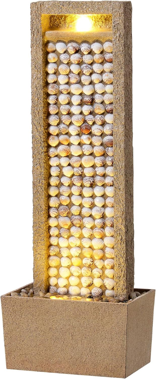 Teamson Home Coastal Seashells Design Outdoor Water Fountain–Warm Glow Lighting with Steady Flow & Electric Pump, Brown