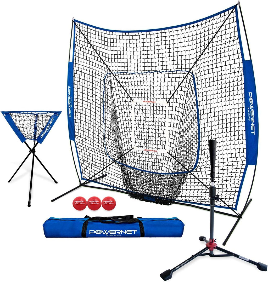 PowerNet Baseball Softball Practice Net 7x7 with Baseball Accessories for Practice Pitching, Batting & Fielding, Ball Caddy, Weighted Baseballs, Tee