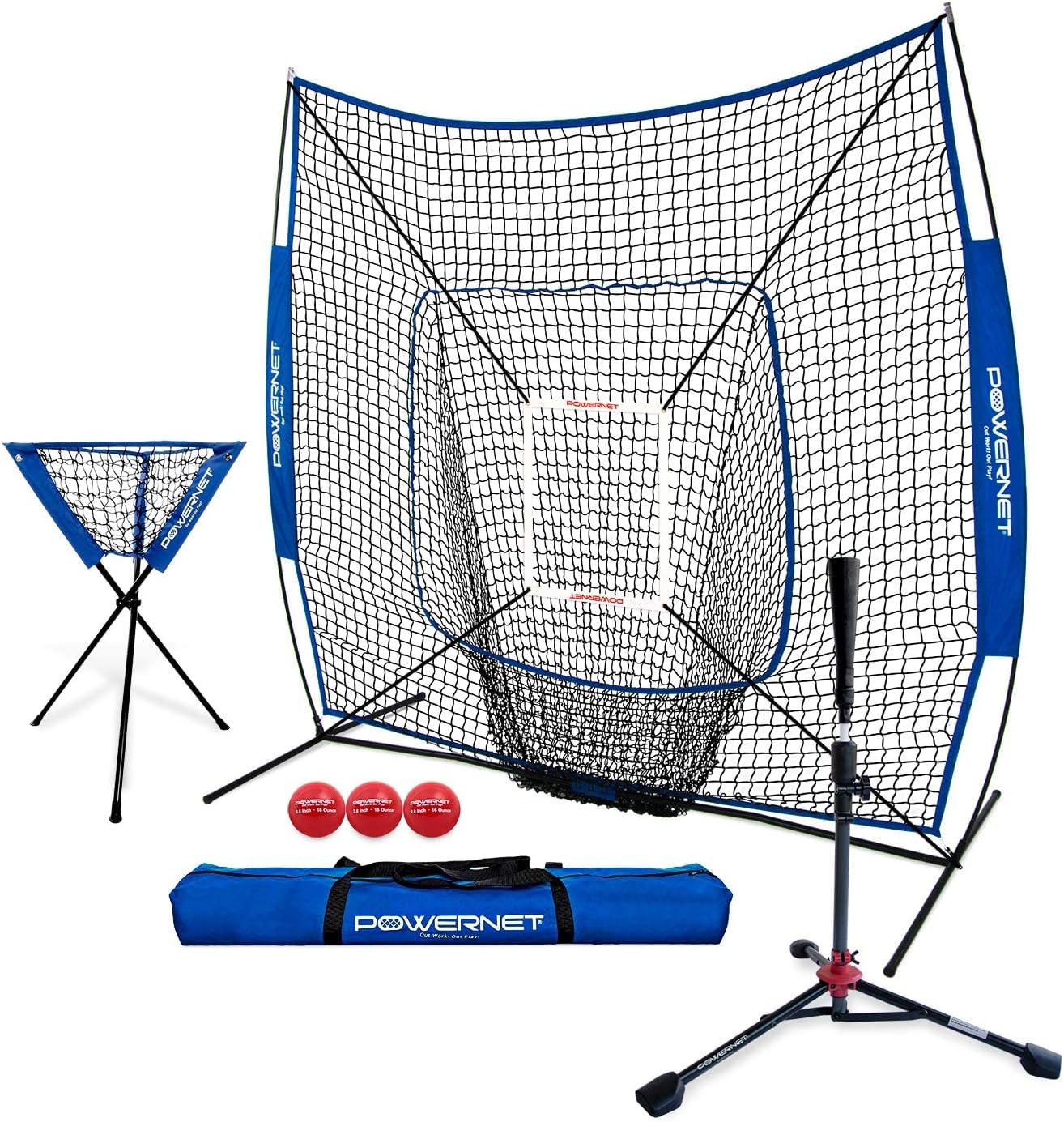 PowerNet Baseball Softball Practice Net 7x7 with Baseball Accessories for Practice Pitching, Batting & Fielding, Ball Caddy, Weighted Baseballs, Tee
