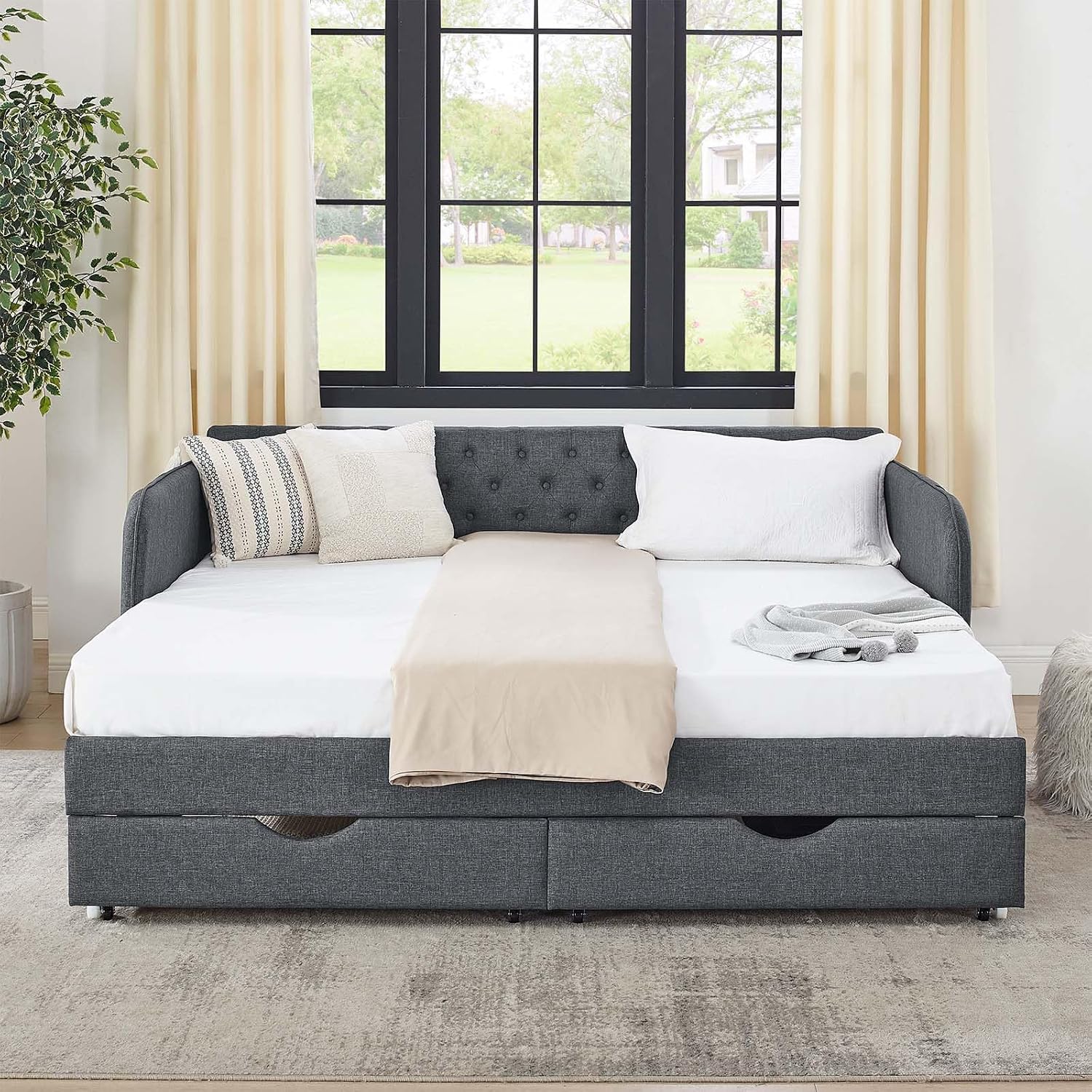 Antetek 80.5' Daybed with Drawer, Modern Button Tufted Linen Day Bed with Trundle Bed Twin to King, Upholstered Daybed Frame w/Storage Pocket for Bedroom, Living Room, No Box Spring Needed, Dark Grey