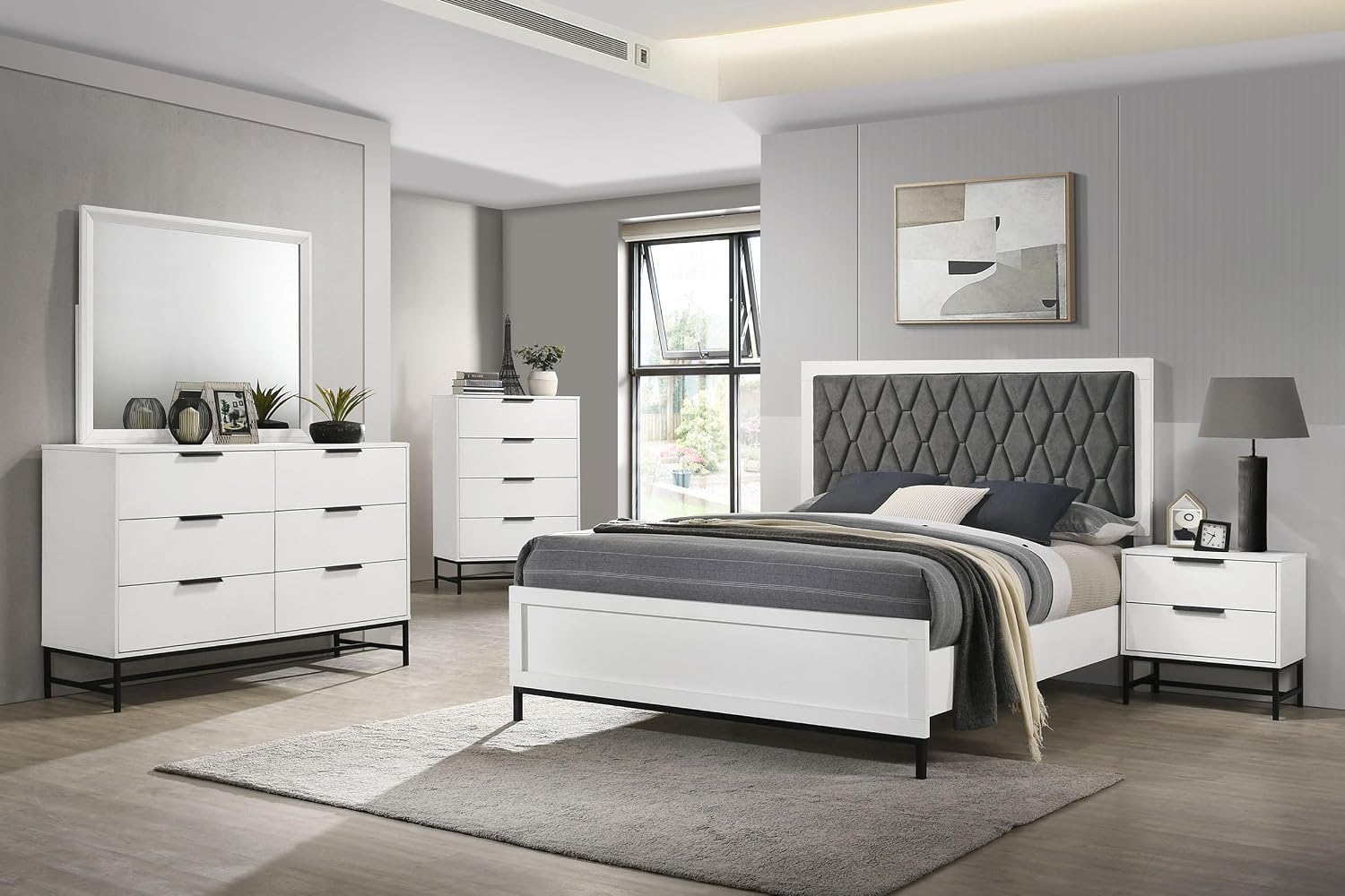 Coaster Home Furnishings Sonora Contemporary 5-Piece Bedroom Set Leatherette Upholstered Queen Size Panel Bed Frame 54-inch Headboard White 224861Q-S5