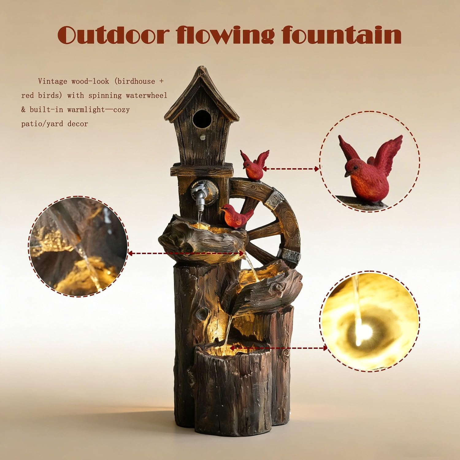 3-Tier Bird Fountain with LED Light - Solar & Adapter Dual Power Option, 38.2 Inch Outdoor Water Feature for Garden & Yard