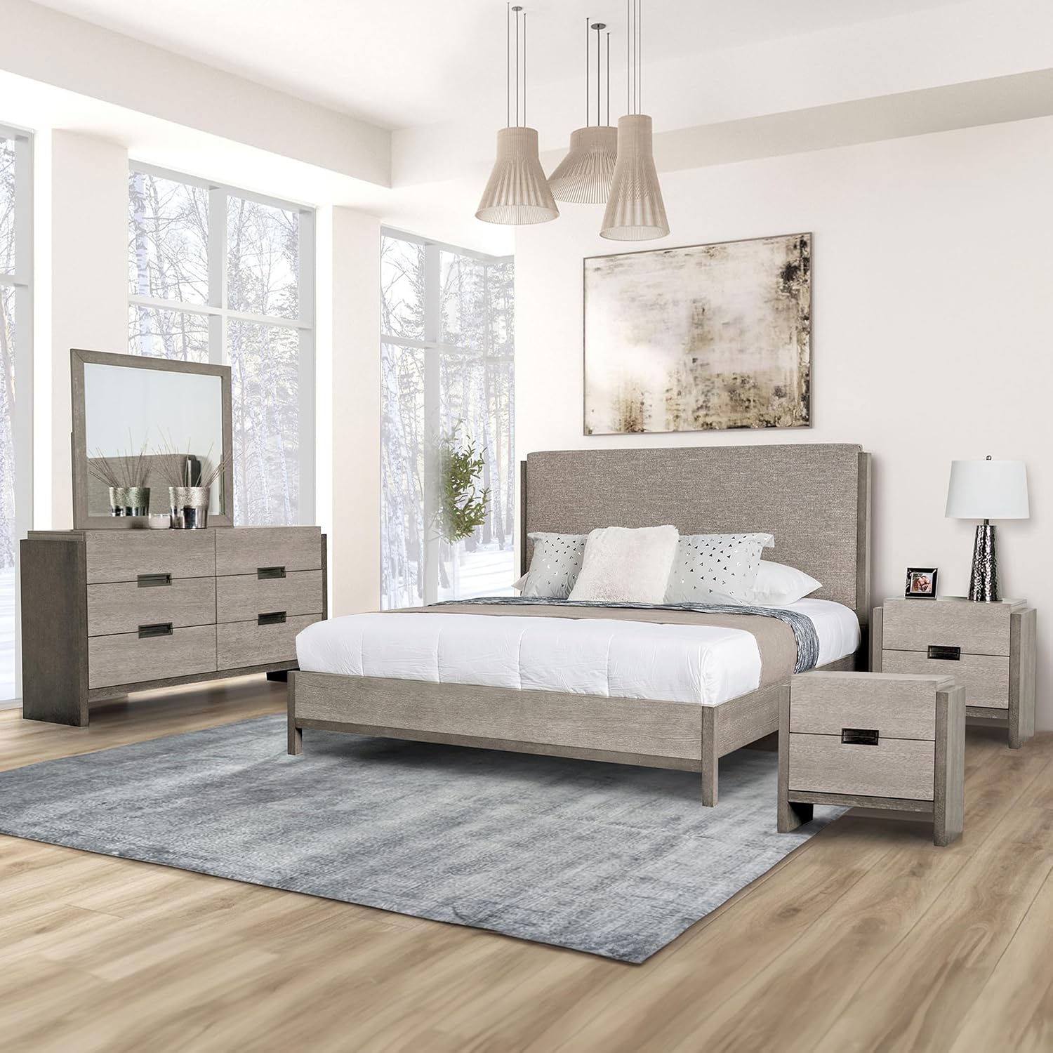 Furniture of America Burnett Solid Wood 5-Piece Bedroom Set, Queen-Size Bed with Padded Headboard, Felt-Lined Top Drawer, Stability and Durability Frame, Box Spring Required, Gray